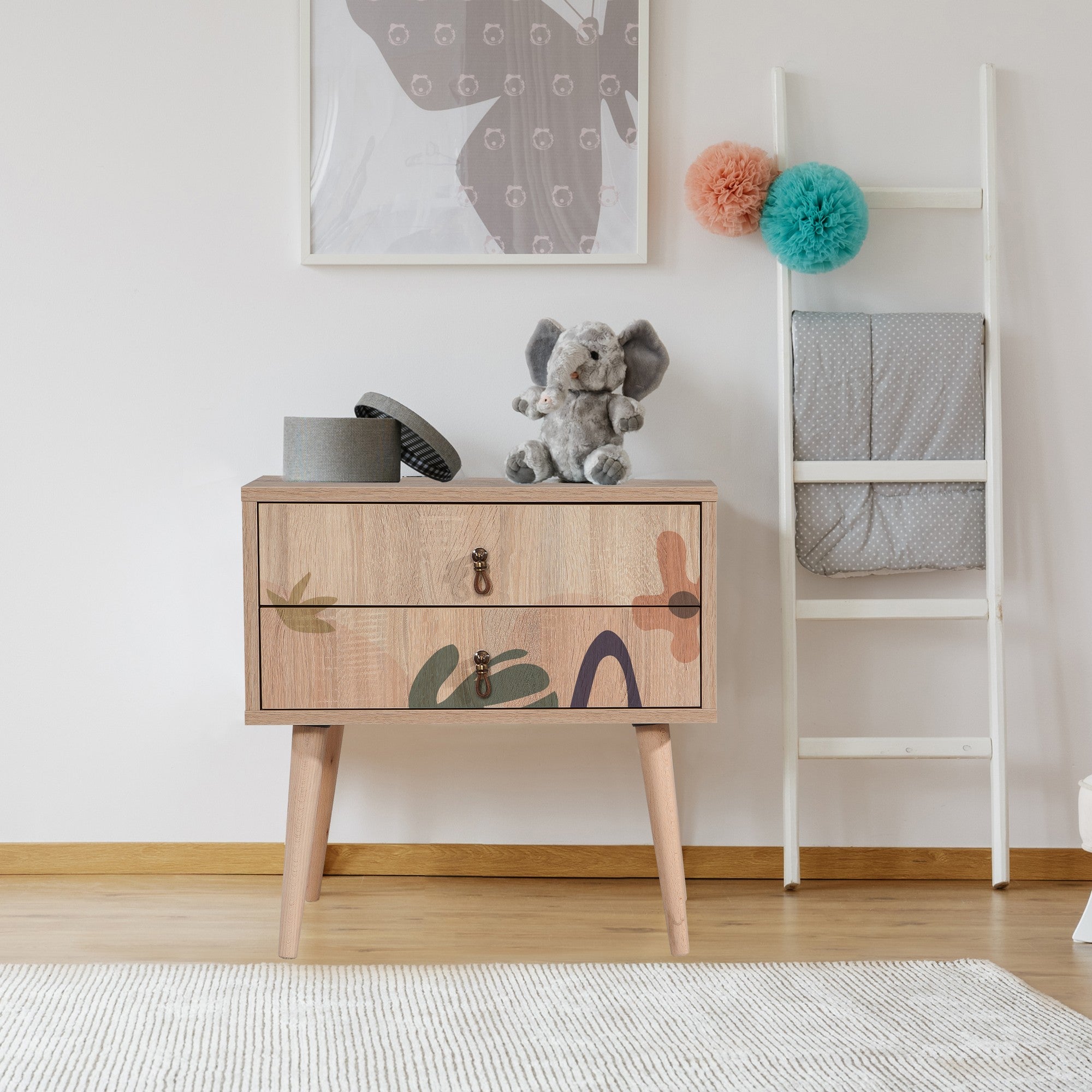 Mesa de cabeceira estilosa com pernas de madeira, 60 cm x 61 cm x 40 cm | Painel de partículas 100% revestido em melamina, impressão digital UV | Ideal para quartos infantis e decoração moderna