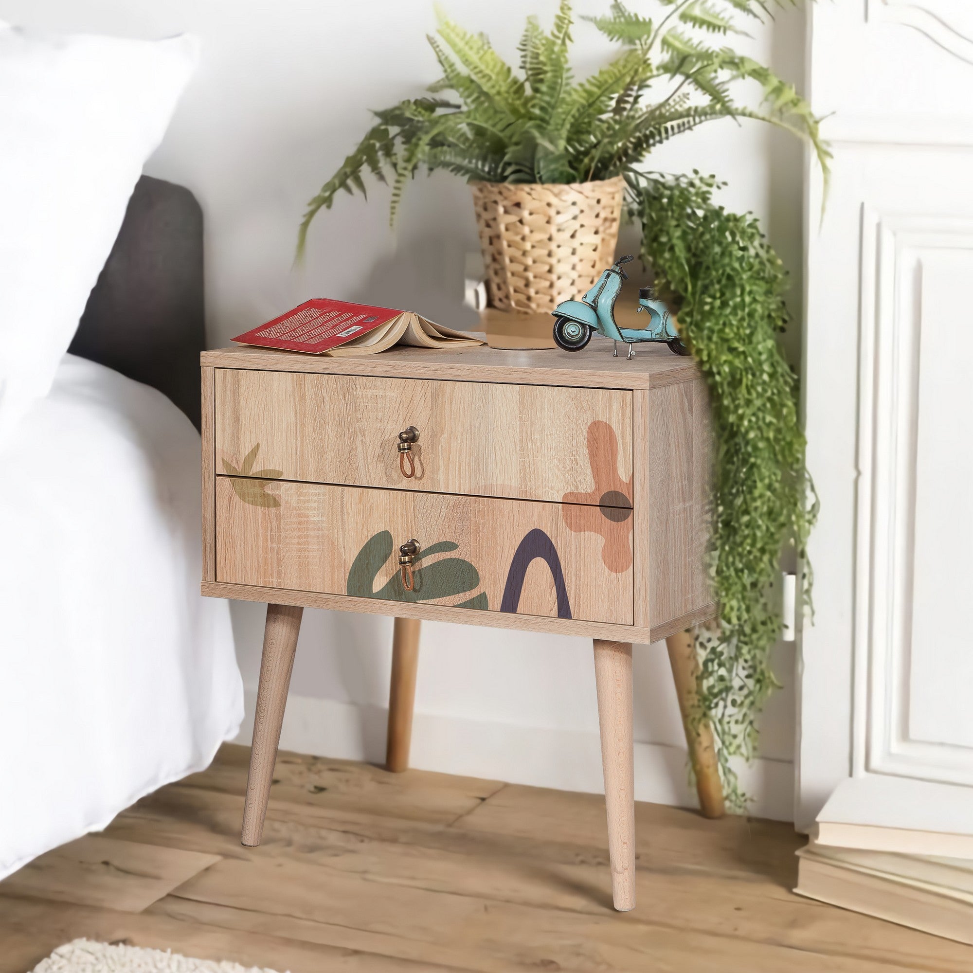 Mesa de cabeceira estilosa com pernas de madeira, 60 cm x 61 cm x 40 cm | Painel de partículas 100% revestido em melamina, impressão digital UV | Ideal para quartos infantis e decoração moderna