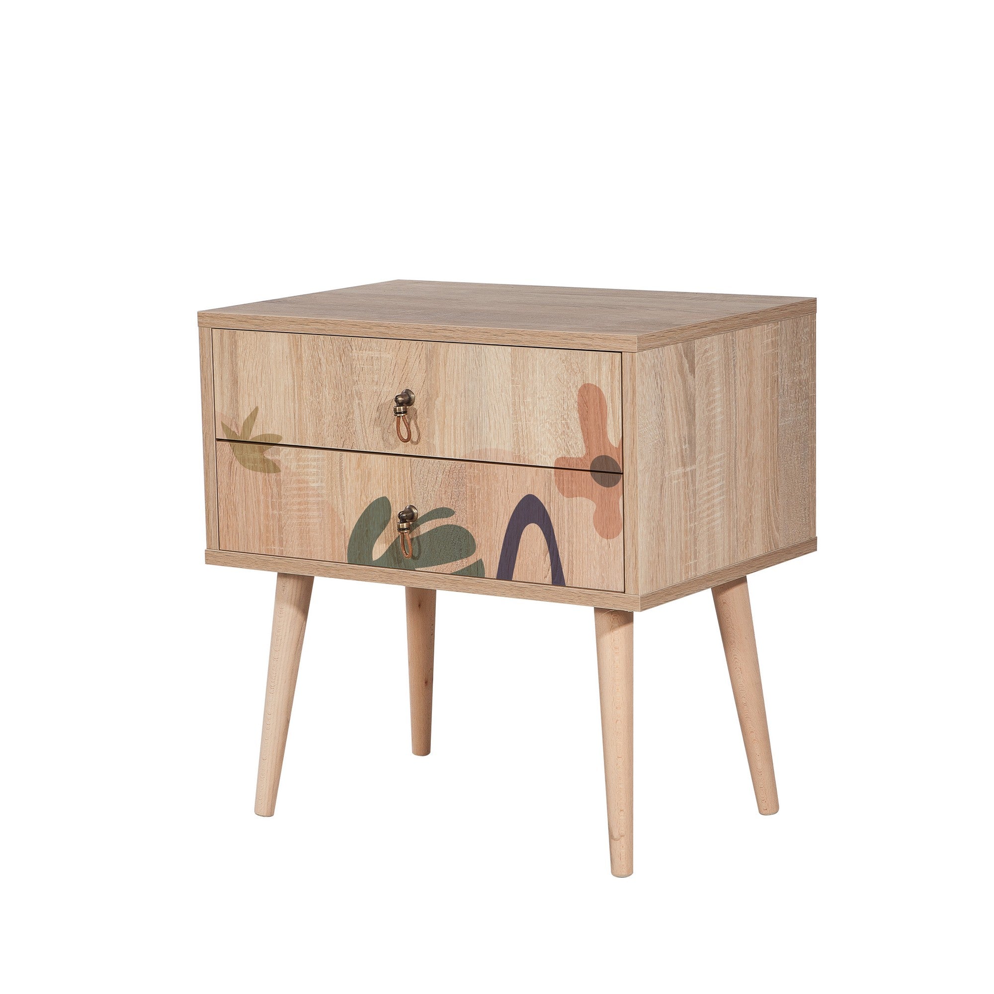 Mesa de cabeceira estilosa com pernas de madeira, 60 cm x 61 cm x 40 cm | Painel de partículas 100% revestido em melamina, impressão digital UV | Ideal para quartos infantis e decoração moderna