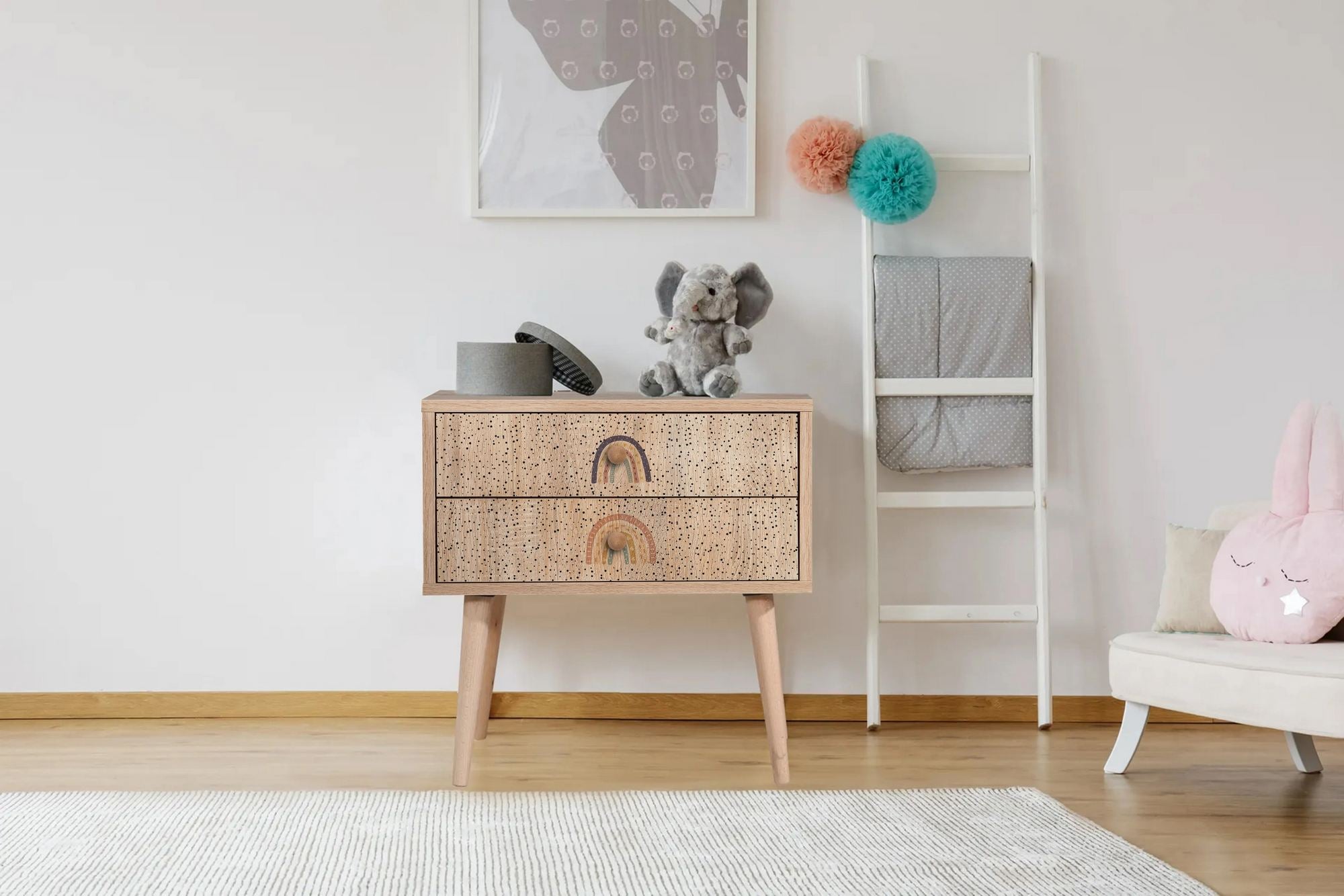 Mesa de cabeceira estilosa com pernas de madeira, 60 cm x 61 cm x 40 cm | Painel de partículas 100% revestido de melamina, impressão digital UV | Design moderno, montagem na parede, espaço extra para crianças e jovens