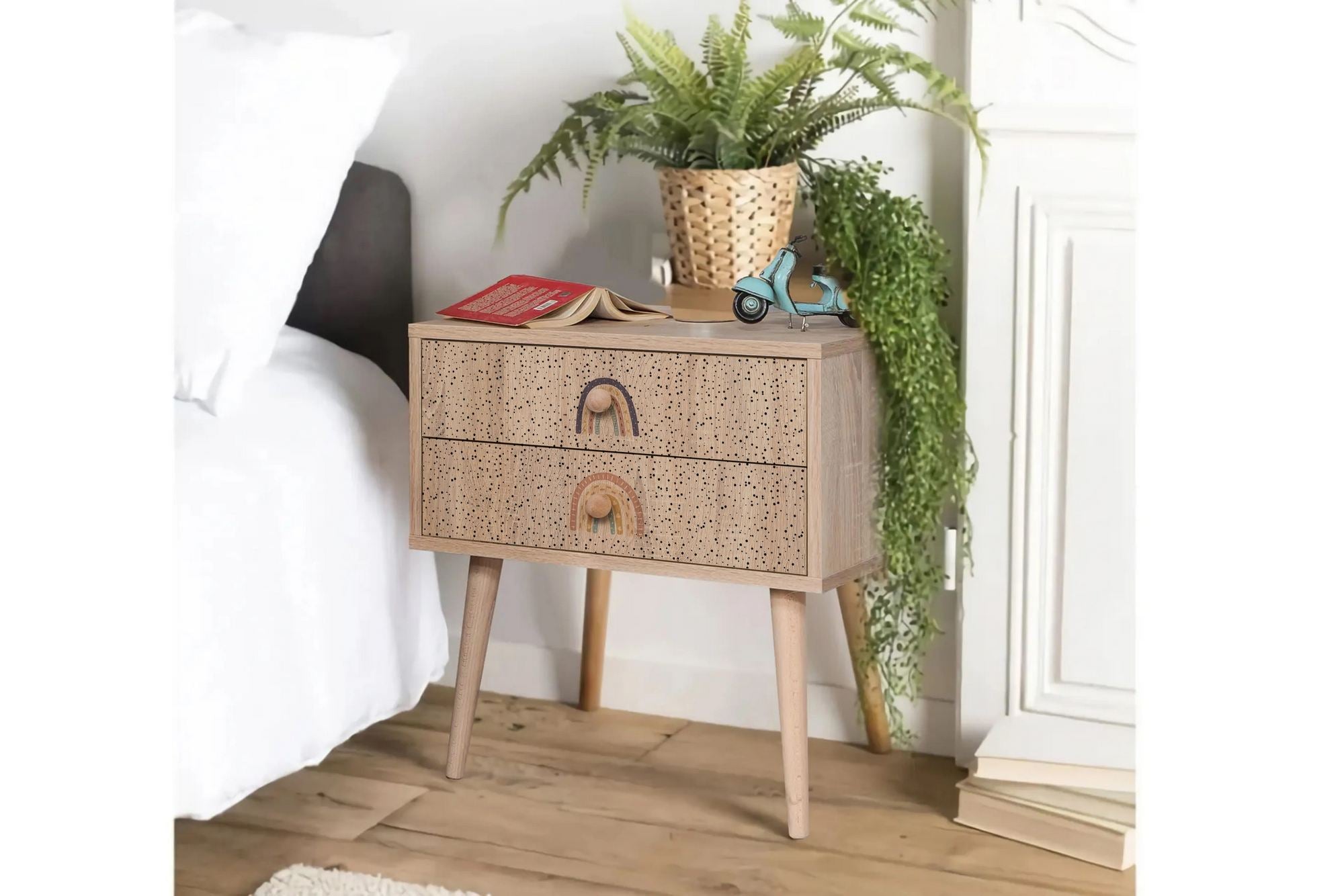 Mesa de cabeceira estilosa com pernas de madeira, 60 cm x 61 cm x 40 cm | Painel de partículas 100% revestido de melamina, impressão digital UV | Design moderno, montagem na parede, espaço extra para crianças e jovens