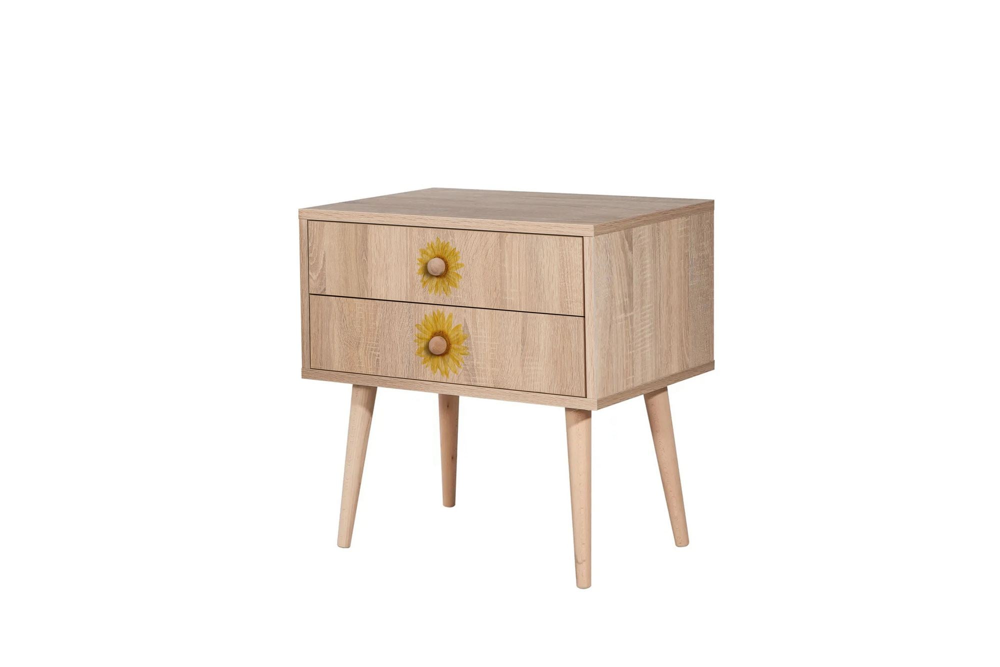Mesa de cabeceira estilosa com pernas de madeira, 60 cm x 61 cm x 40 cm | Painel de partículas 100% revestido em melamina, impressão digital UV | Ideal para quartos infantis, decoração moderna e rústica