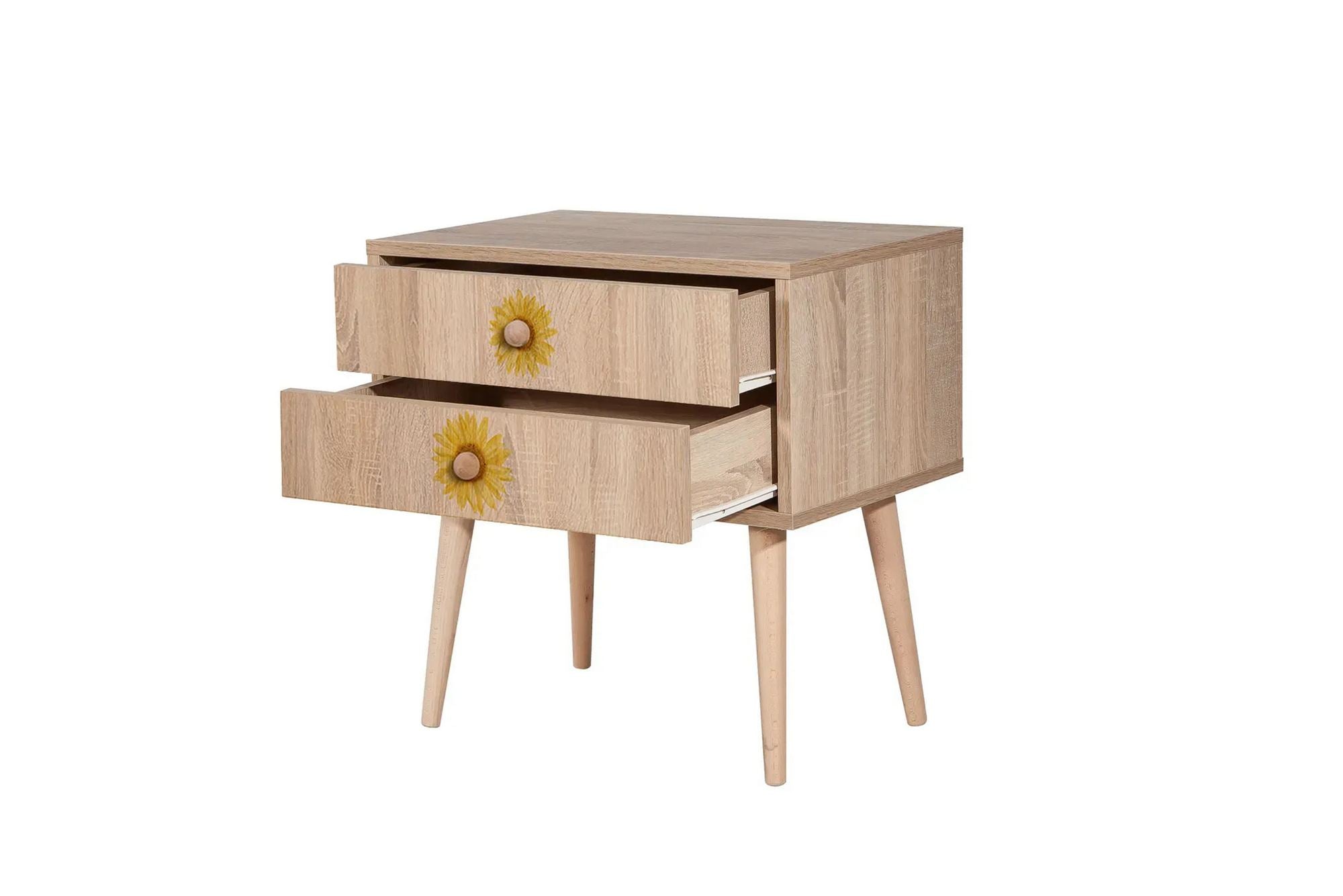 Mesa de cabeceira estilosa com pernas de madeira, 60 cm x 61 cm x 40 cm | Painel de partículas 100% revestido em melamina, impressão digital UV | Ideal para quartos infantis, decoração moderna e rústica