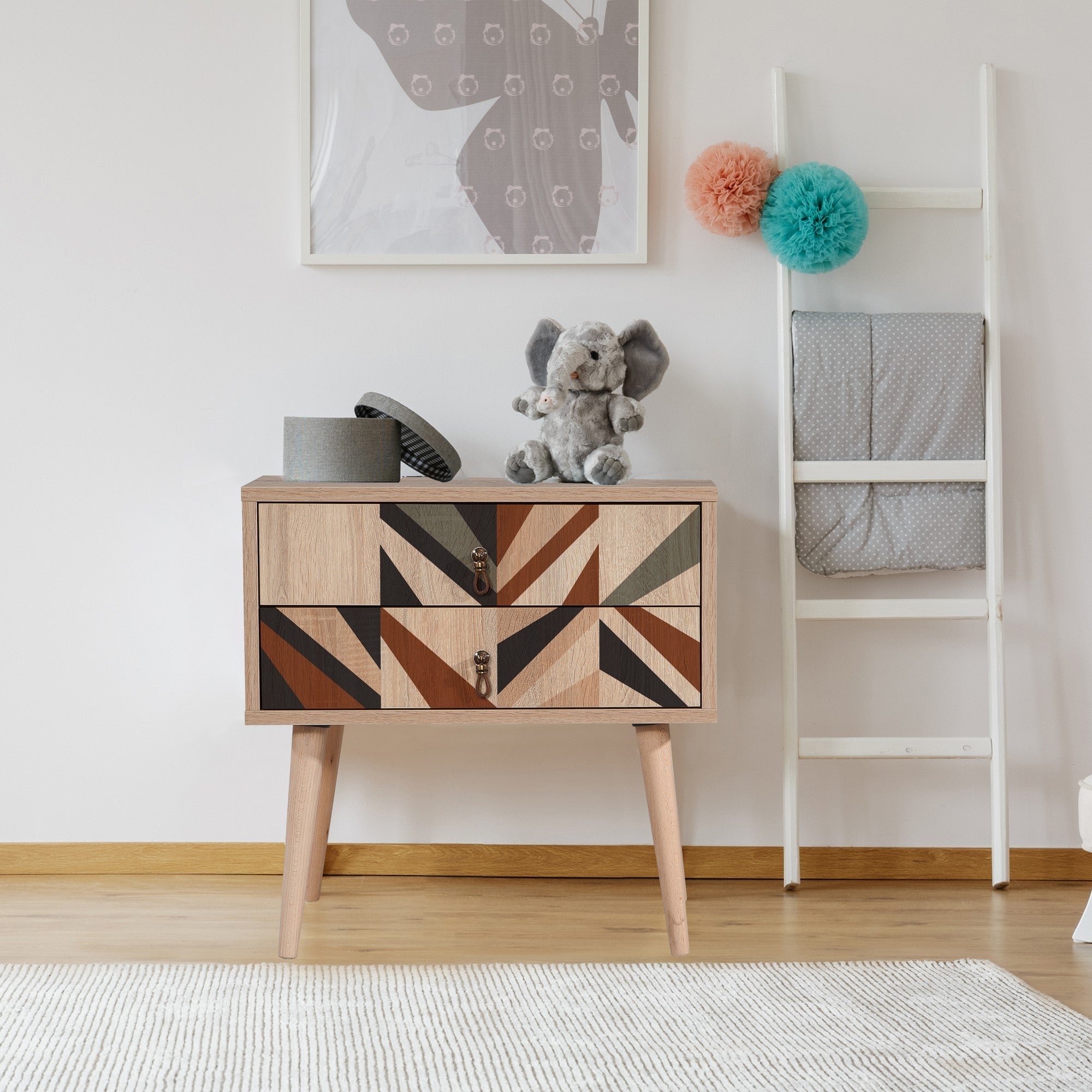 Mesa de cabeceira moderna com pernas de madeira, 60 cm x 61 cm x 40 cm | Painel de partículas 100% revestido em melamina, impressão digital UV | Design abstrato, montagem na parede, armazenamento extra