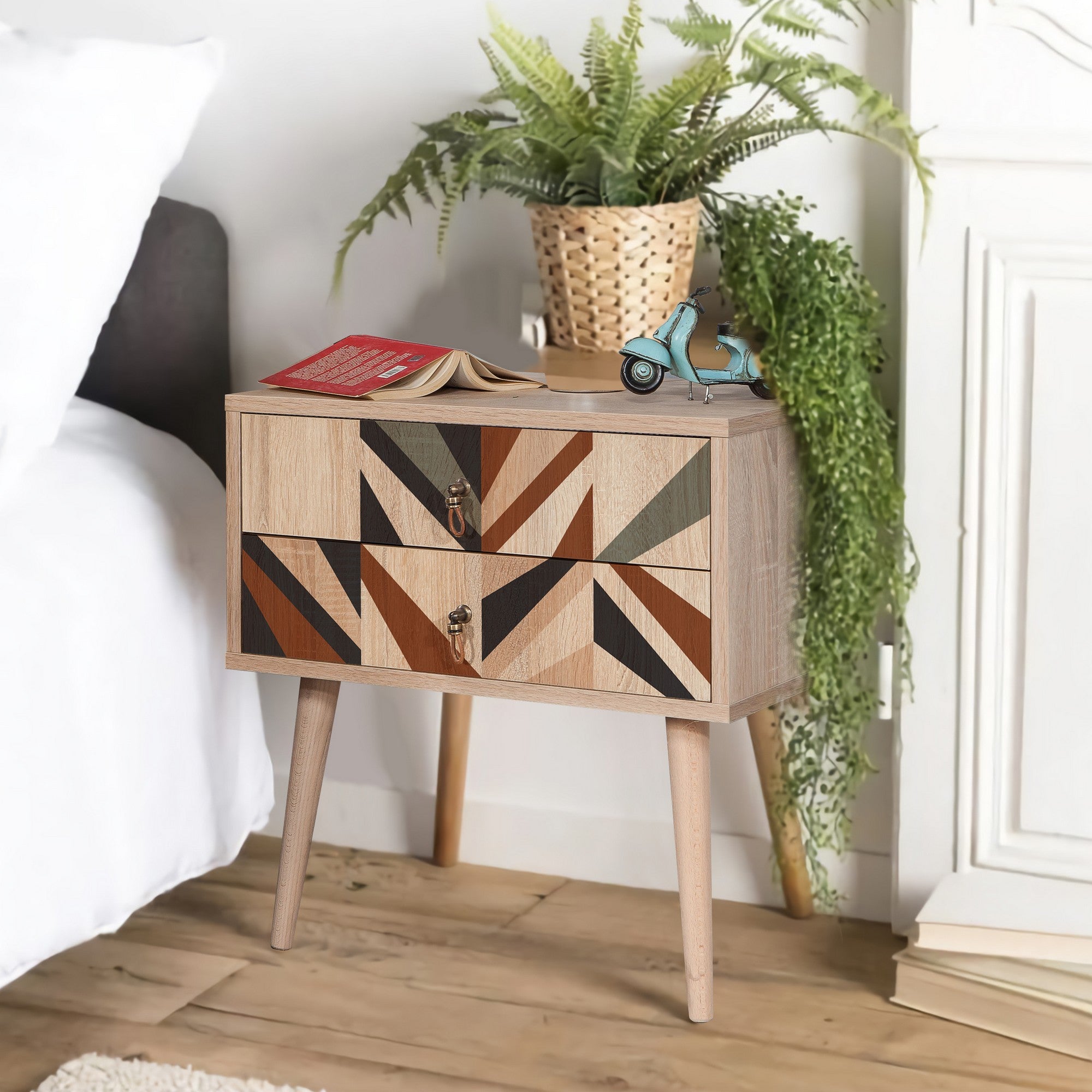 Mesa de cabeceira moderna com pernas de madeira, 60 cm x 61 cm x 40 cm | Painel de partículas 100% revestido em melamina, impressão digital UV | Design abstrato, montagem na parede, armazenamento extra