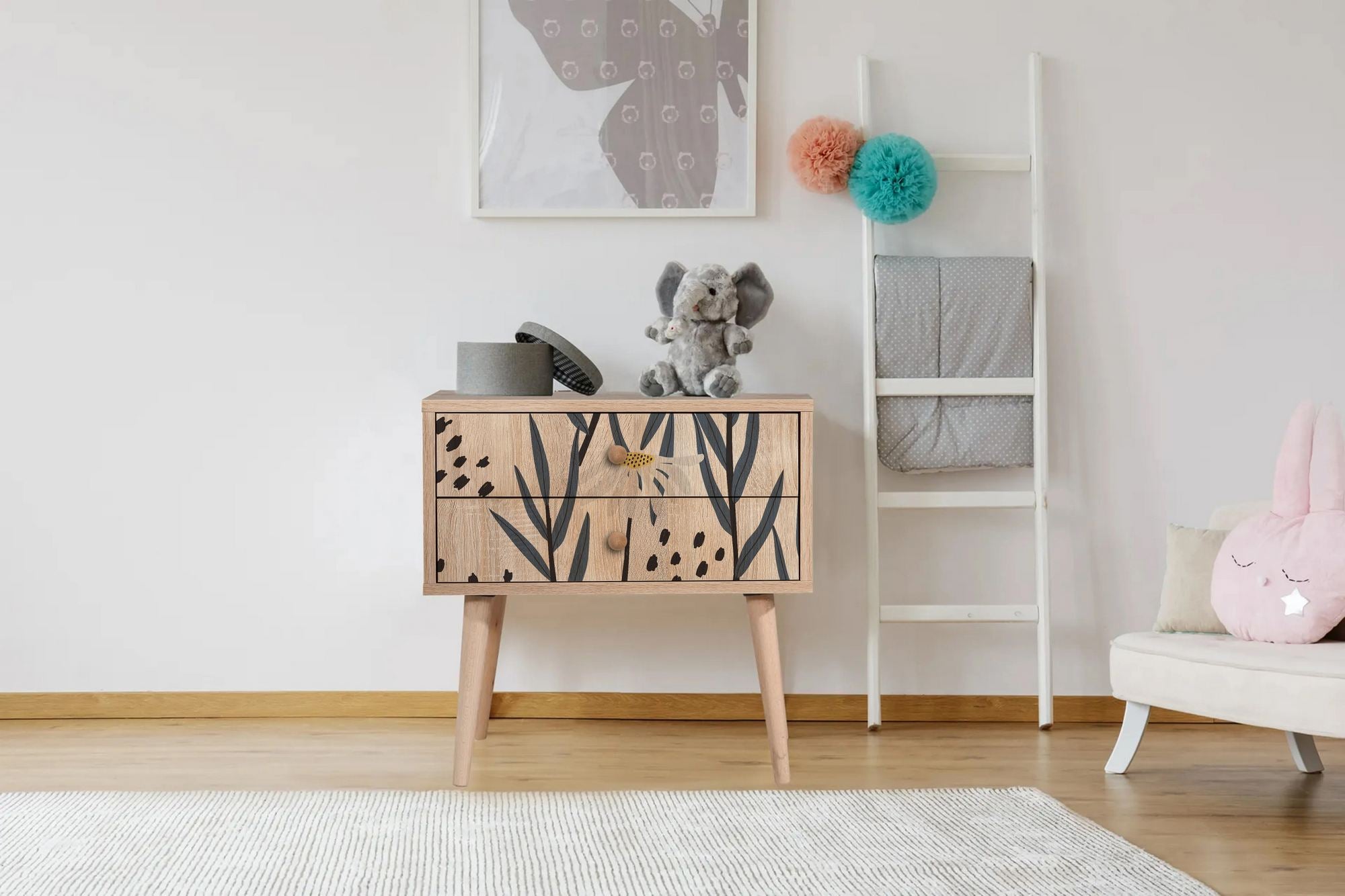 Mesa de cabeceira estilosa com pernas de madeira, 60 cm x 61 cm x 40 cm | Painel de partículas 100% revestido em melamina, impressão digital UV | Ideal para crianças e decoração moderna