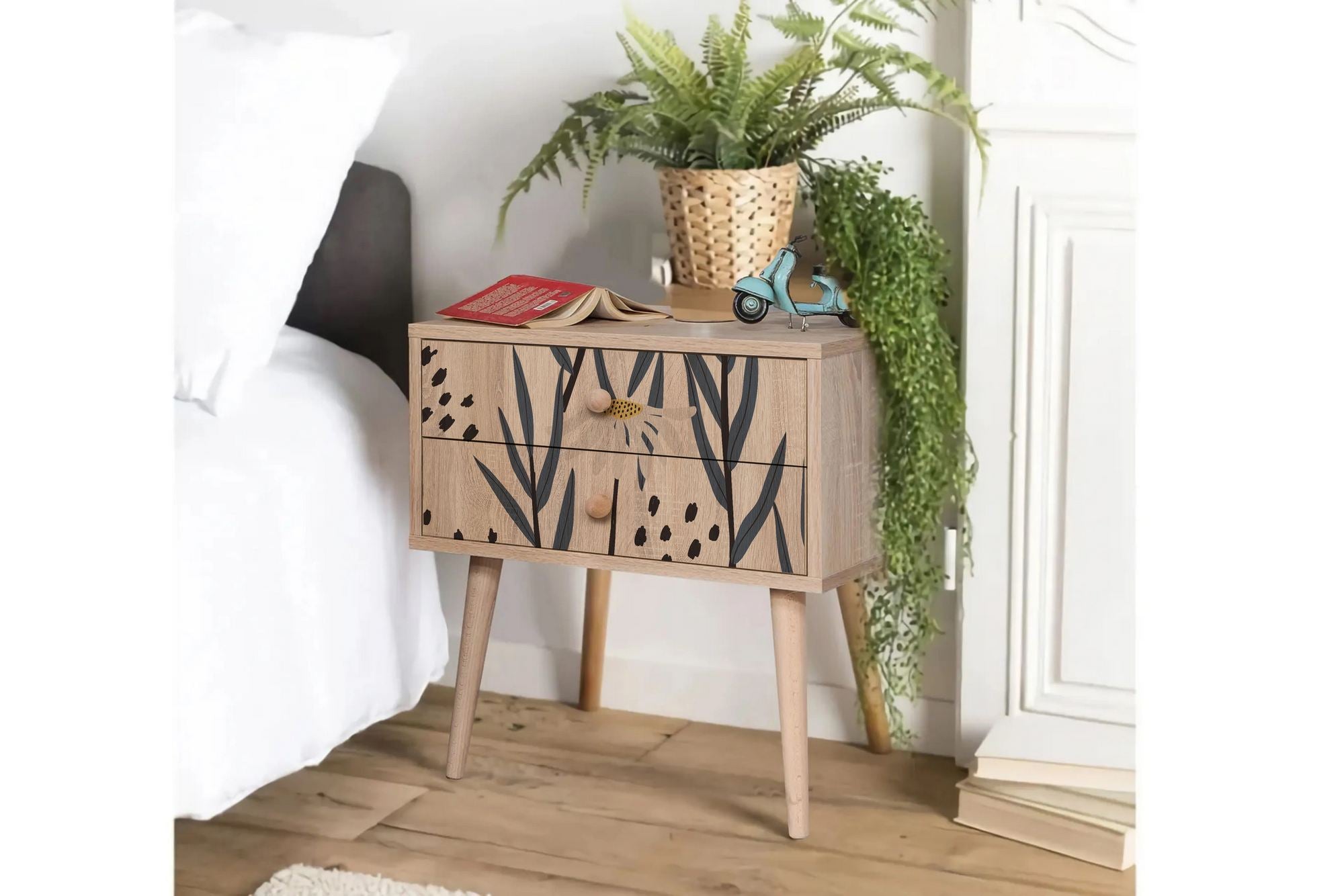 Mesa de cabeceira estilosa com pernas de madeira, 60 cm x 61 cm x 40 cm | Painel de partículas 100% revestido em melamina, impressão digital UV | Ideal para crianças e decoração moderna