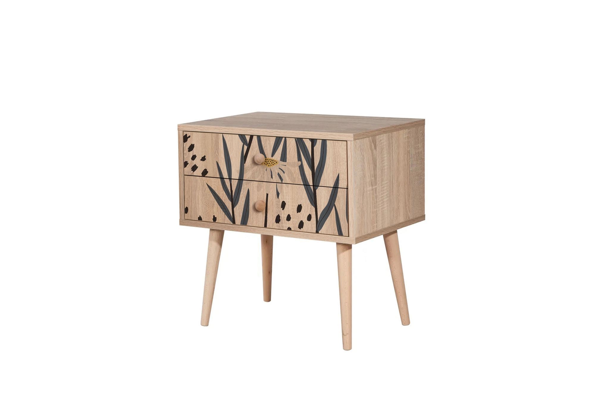 Mesa de cabeceira estilosa com pernas de madeira, 60 cm x 61 cm x 40 cm | Painel de partículas 100% revestido em melamina, impressão digital UV | Ideal para crianças e decoração moderna