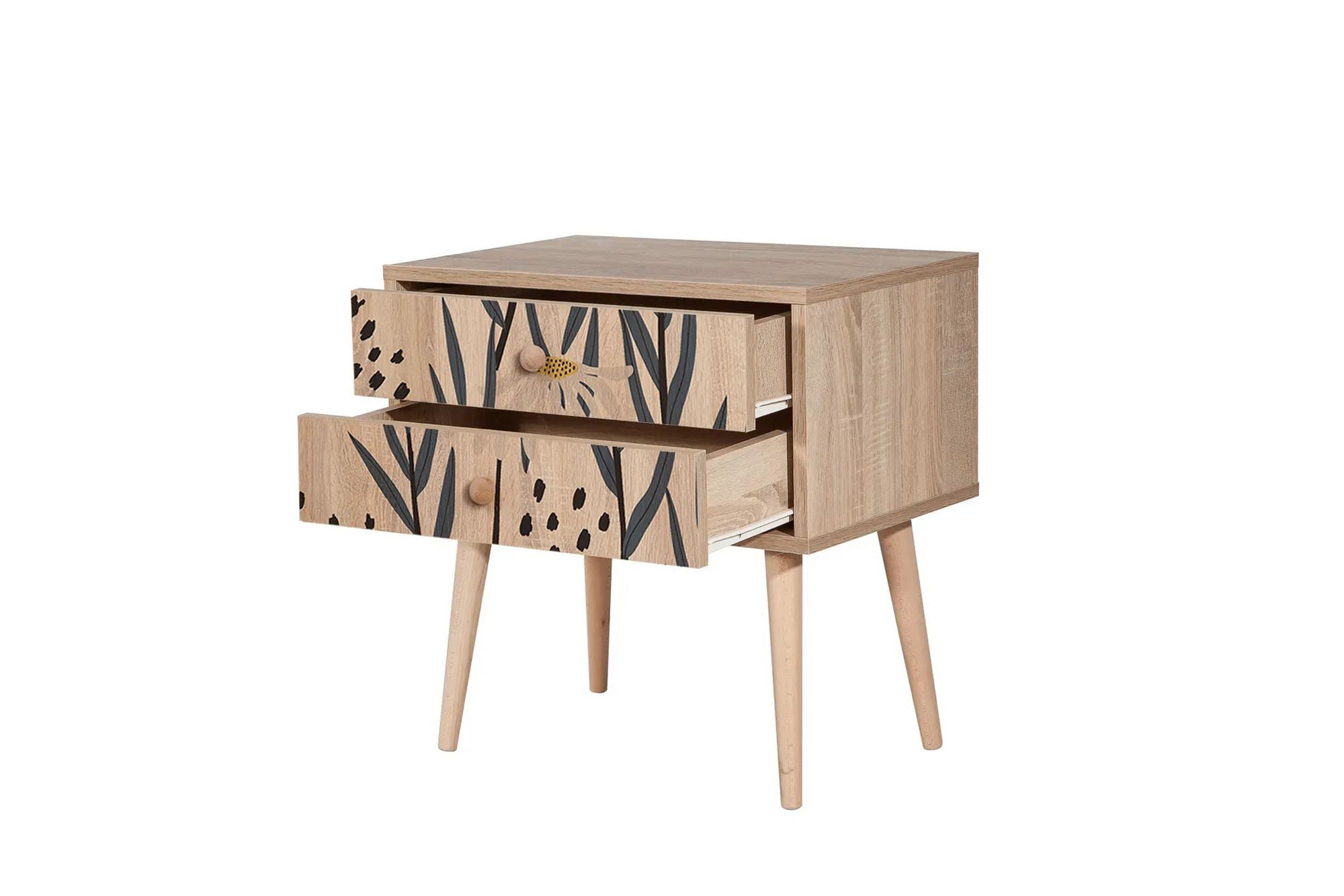 Mesa de cabeceira estilosa com pernas de madeira, 60 cm x 61 cm x 40 cm | Painel de partículas 100% revestido em melamina, impressão digital UV | Ideal para crianças e decoração moderna