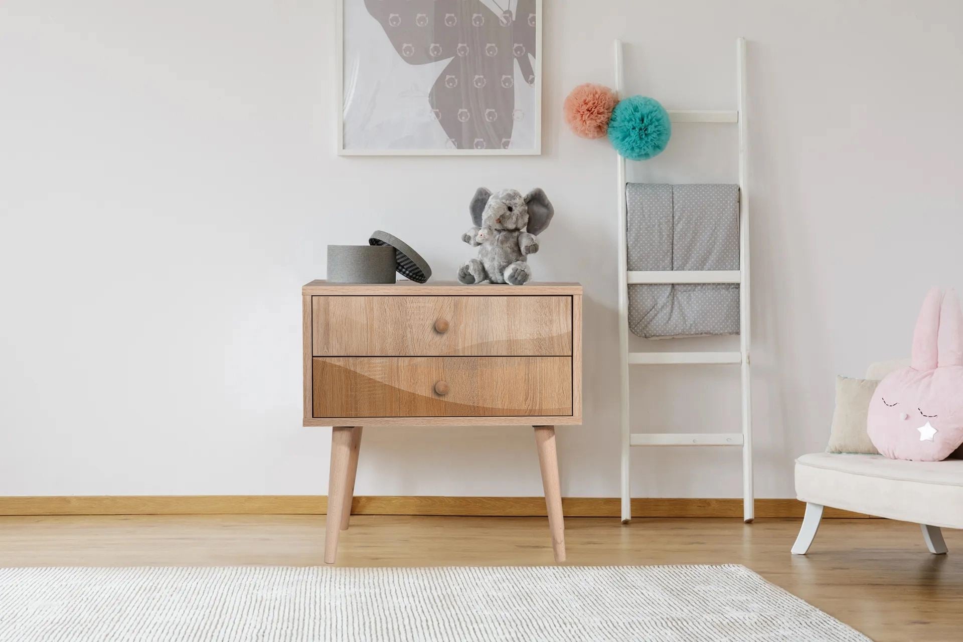Mesa de cabeceira moderna com pernas de madeira, 60 cm x 61 cm x 40 cm | Painel de partículas 100% revestido em melamina, impressão digital UV | Solução de armazenamento elegante e montável na parede