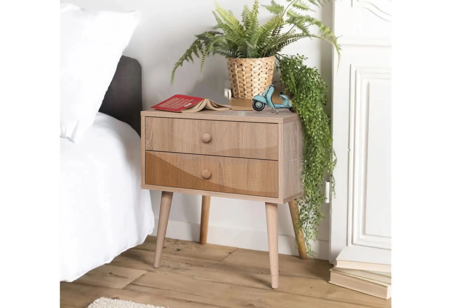 Mesa de cabeceira moderna com pernas de madeira, 60 cm x 61 cm x 40 cm | Painel de partículas 100% revestido em melamina, impressão digital UV | Solução de armazenamento elegante e montável na parede