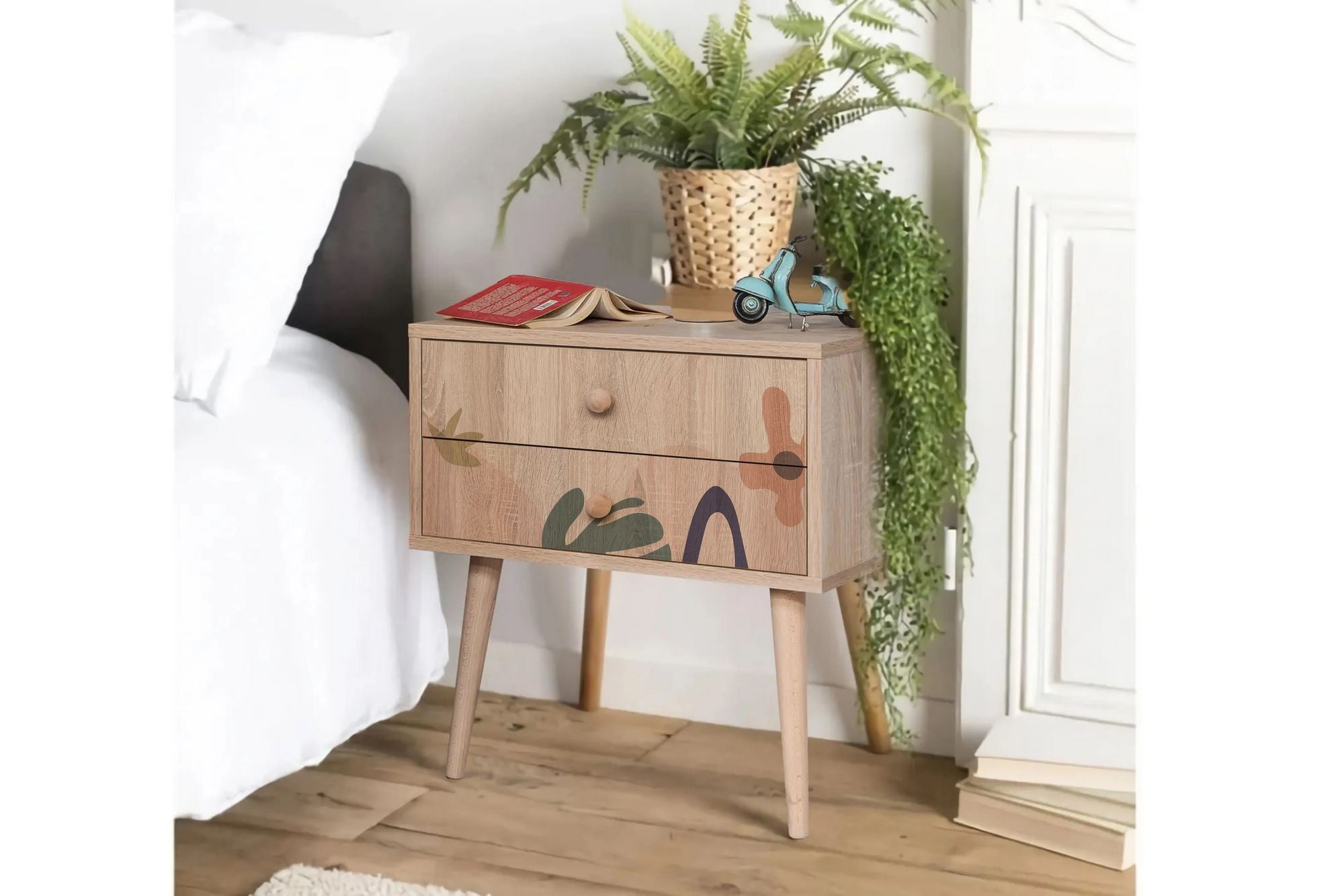 Mesa de cabeceira estilosa com pernas de madeira, 60 cm x 61 cm x 40 cm | Painel de partículas 100% revestido de melamina, impressão digital UV | Ideal para crianças e espaços modernos