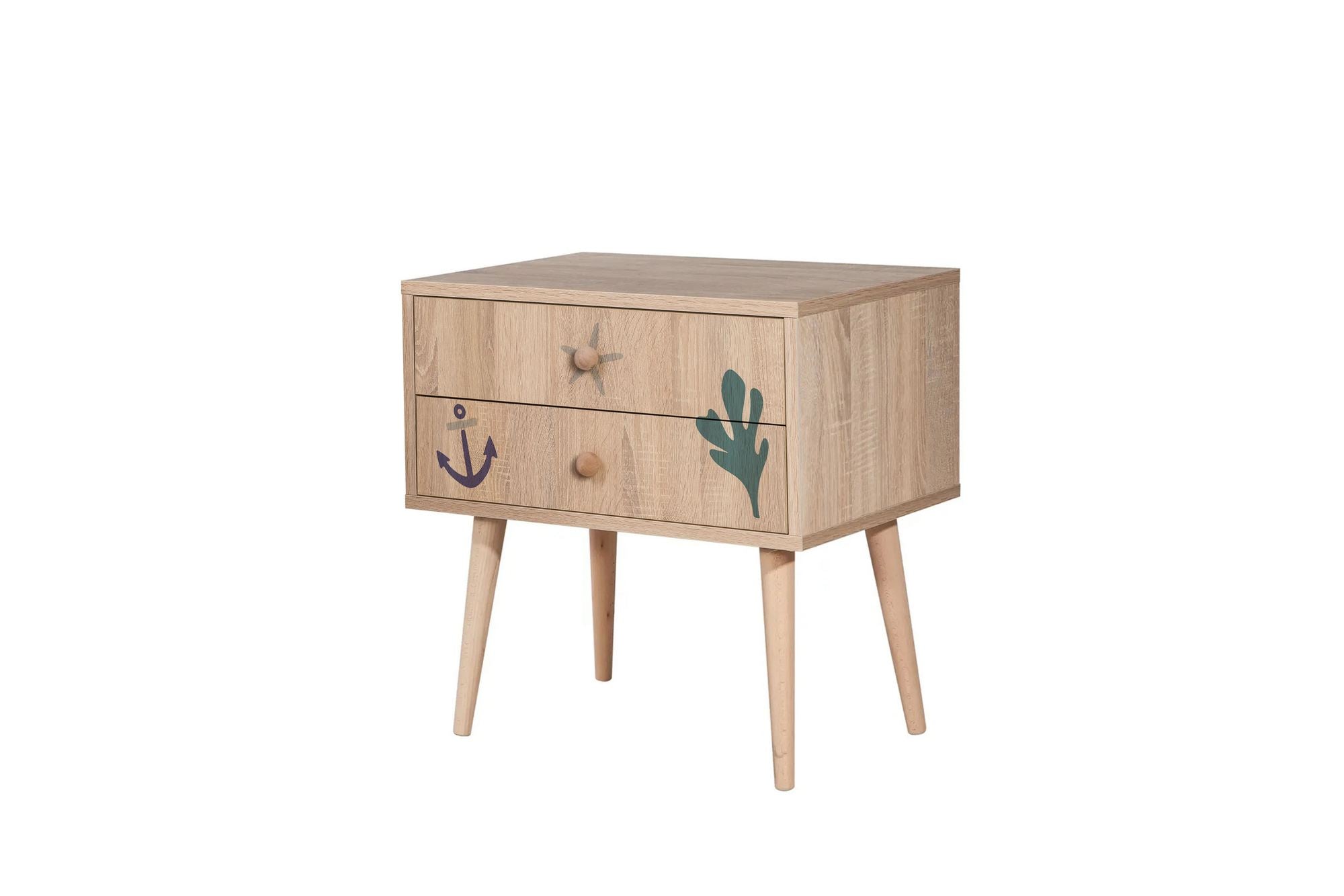 Mesa de cabeceira estilosa com pernas de madeira, 60 cm x 61 cm x 40 cm | Painel de partículas 100% revestido de melamina, impressão digital UV | Ideal para crianças e espaços modernos