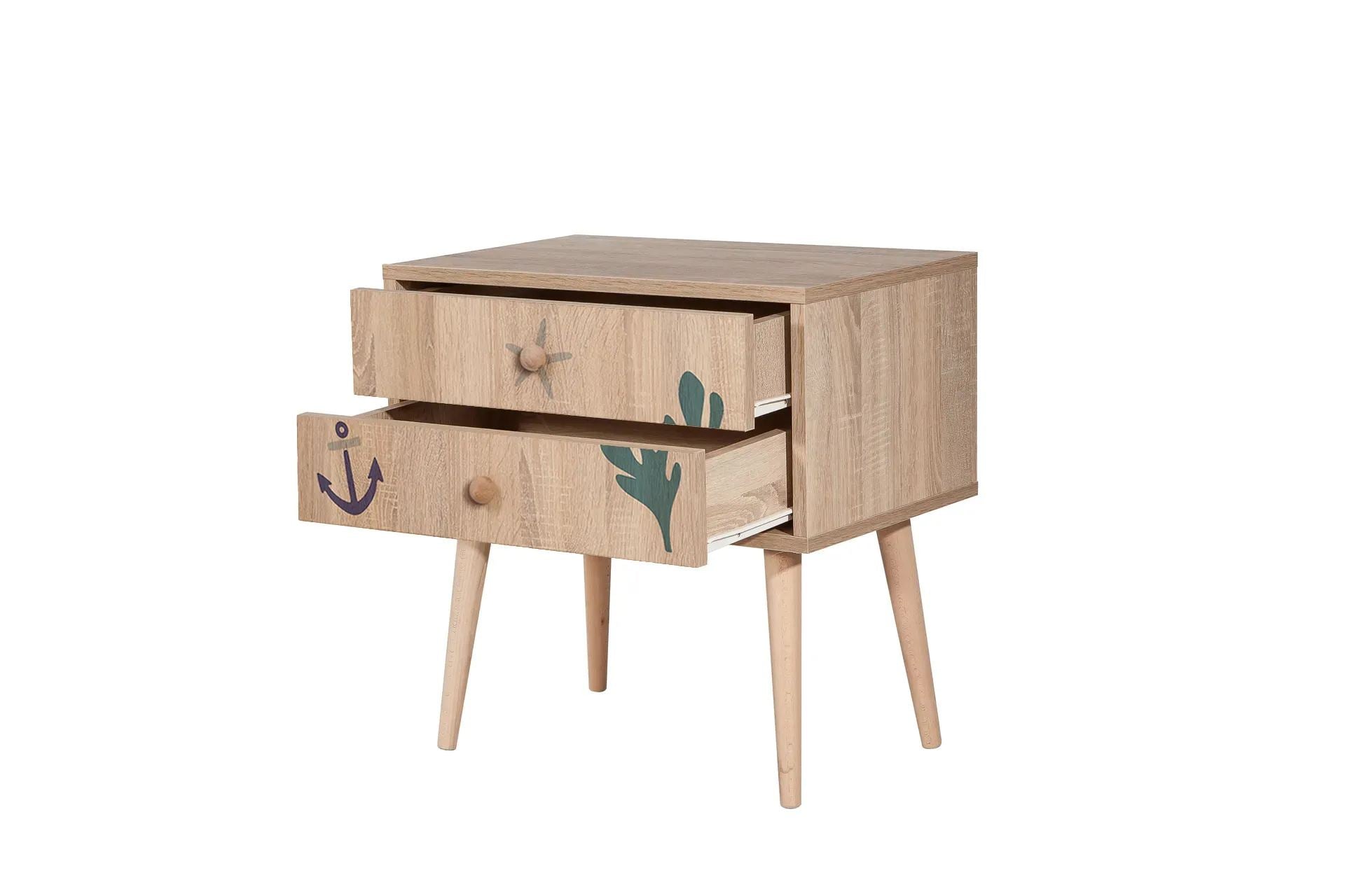 Mesa de cabeceira estilosa com pernas de madeira, 60 cm x 61 cm x 40 cm | Painel de partículas 100% revestido de melamina, impressão digital UV | Ideal para crianças e espaços modernos