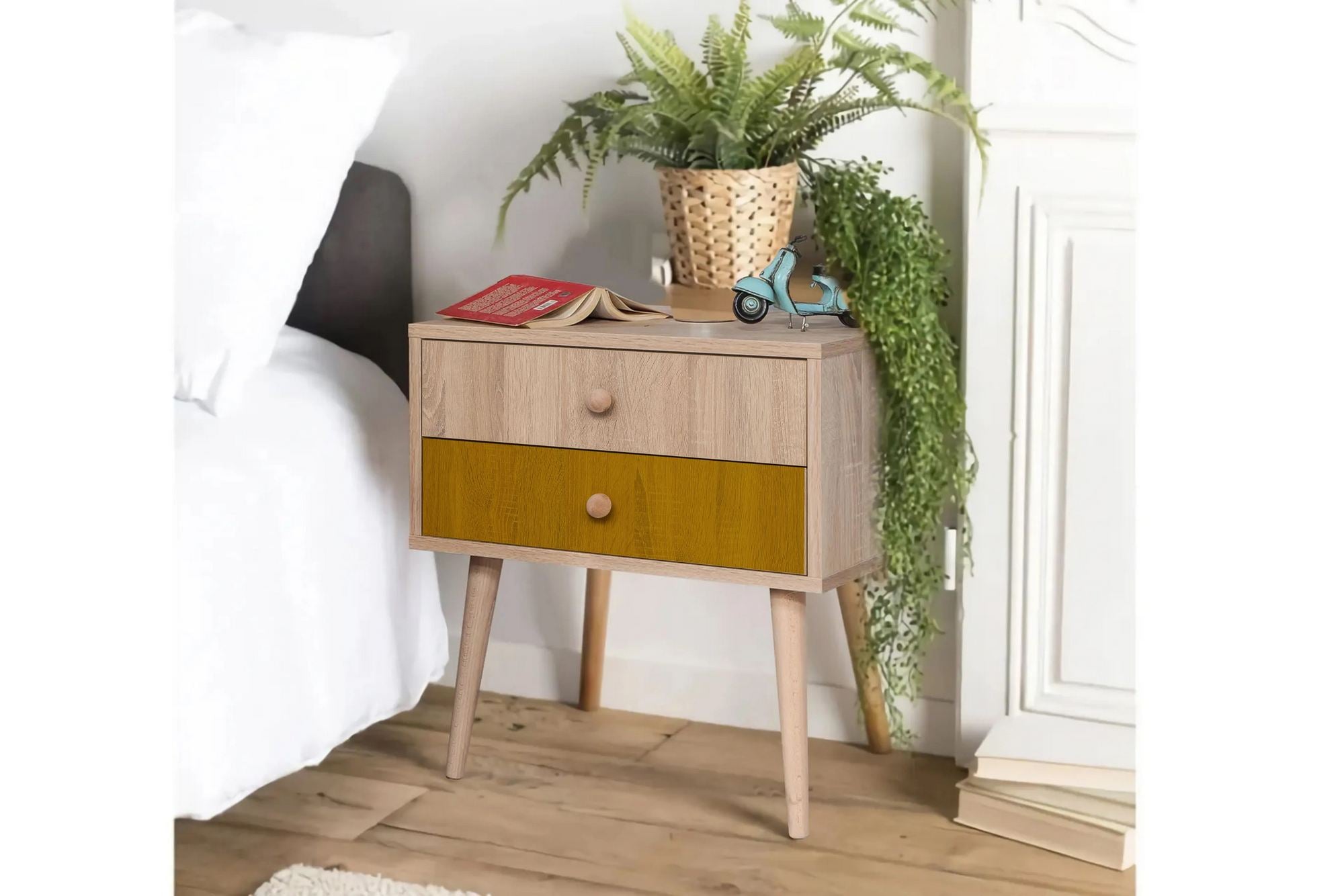 Mesa de cabeceira moderna com pernas de madeira, 60 cm x 61 cm x 40 cm | Painel de partículas 100% revestido em melamina, impressão digital UV | Solução de armazenamento elegante e montável na parede
