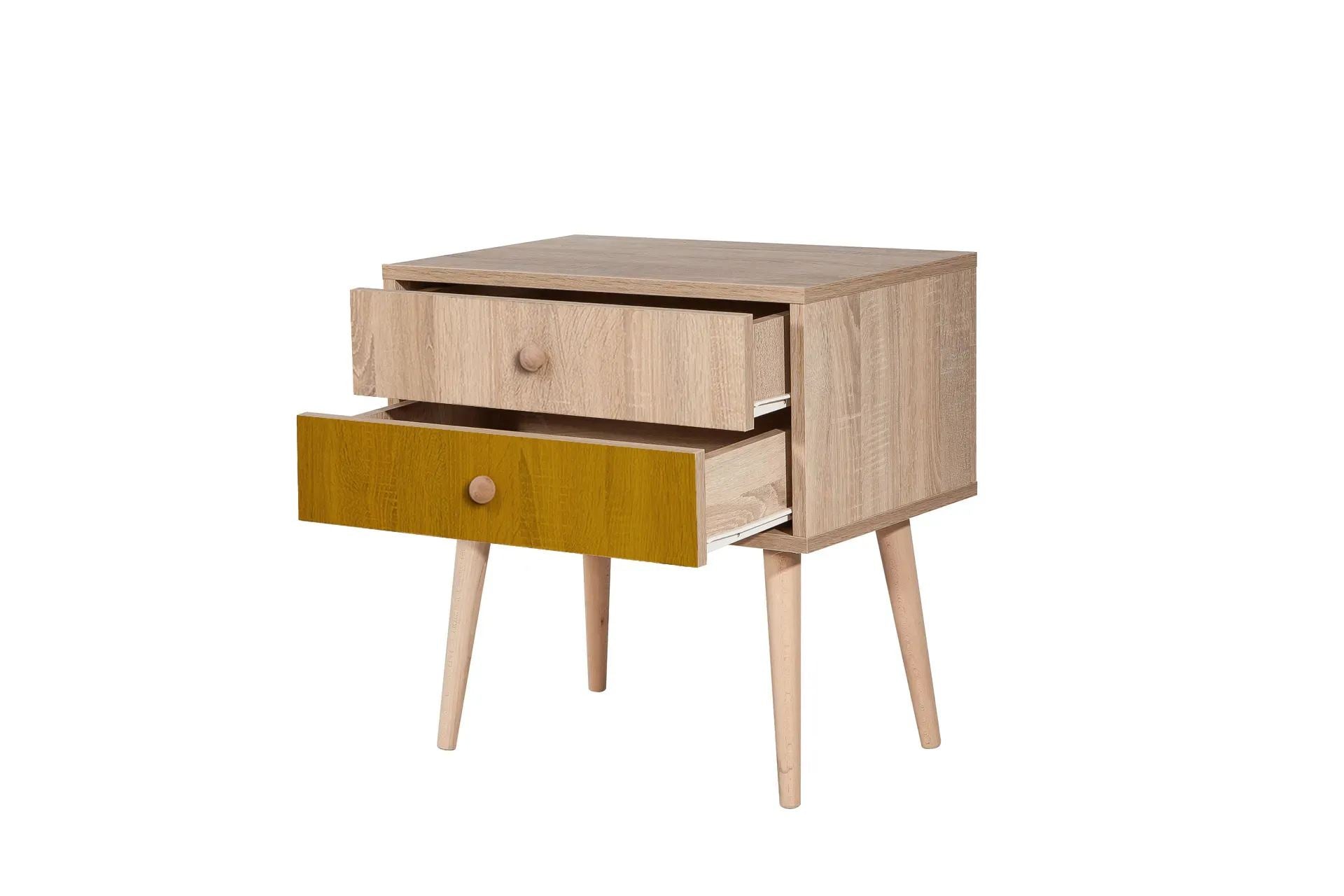 Mesa de cabeceira moderna com pernas de madeira, 60 cm x 61 cm x 40 cm | Painel de partículas 100% revestido em melamina, impressão digital UV | Solução de armazenamento elegante e montável na parede