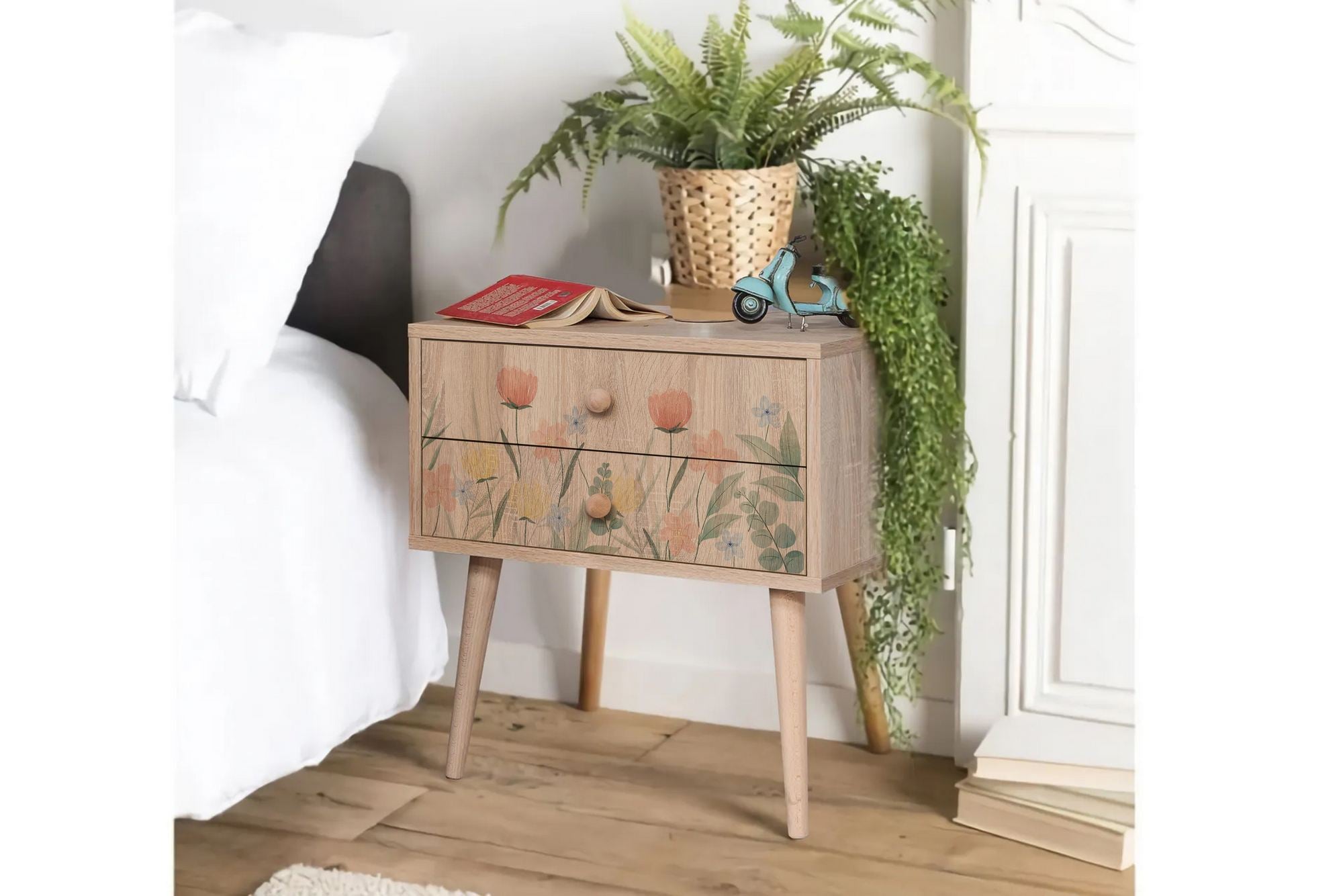 Mesa de cabeceira estilosa com pernas de madeira, 60 cm x 61 cm x 40 cm | Painel de partículas 100% revestido em melamina, impressão digital UV | Ideal para crianças e decoração moderna