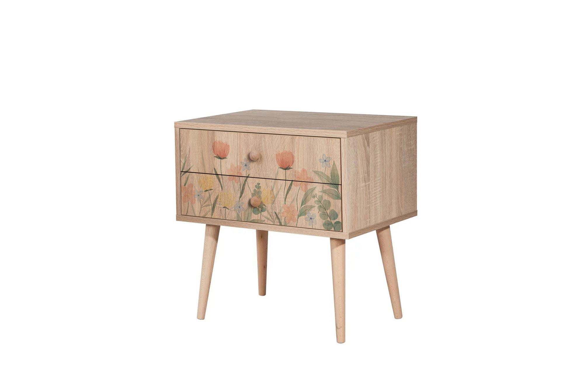 Mesa de cabeceira estilosa com pernas de madeira, 60 cm x 61 cm x 40 cm | Painel de partículas 100% revestido em melamina, impressão digital UV | Ideal para crianças e decoração moderna