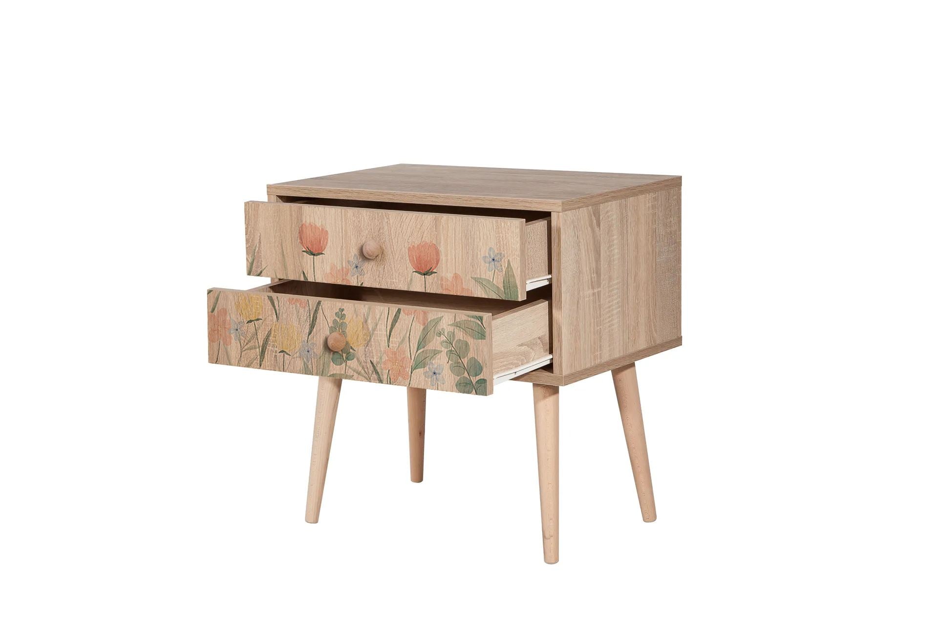 Mesa de cabeceira estilosa com pernas de madeira, 60 cm x 61 cm x 40 cm | Painel de partículas 100% revestido em melamina, impressão digital UV | Ideal para crianças e decoração moderna