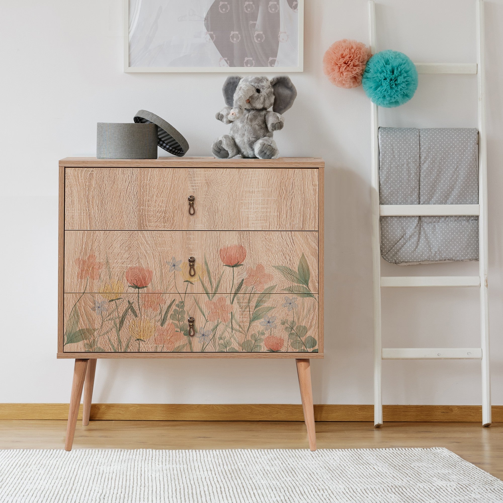 Elegante mesa de cabeceira em carvalho Sonoma com pernas de madeira, 80 x 89 x 40 cm | Revestimento 100% melamina, impressão digital UV | Montável na parede, armazenamento elegante para quartos modernos e infantis