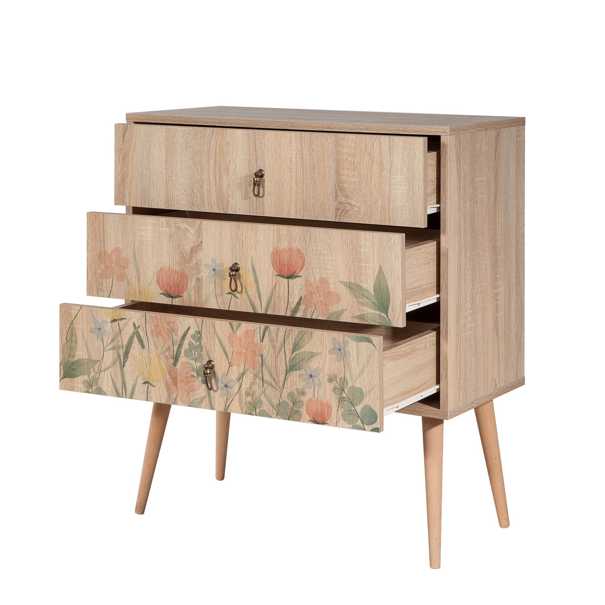Elegante mesa de cabeceira em carvalho Sonoma com pernas de madeira, 80 x 89 x 40 cm | Revestimento 100% melamina, impressão digital UV | Montável na parede, armazenamento elegante para quartos modernos e infantis