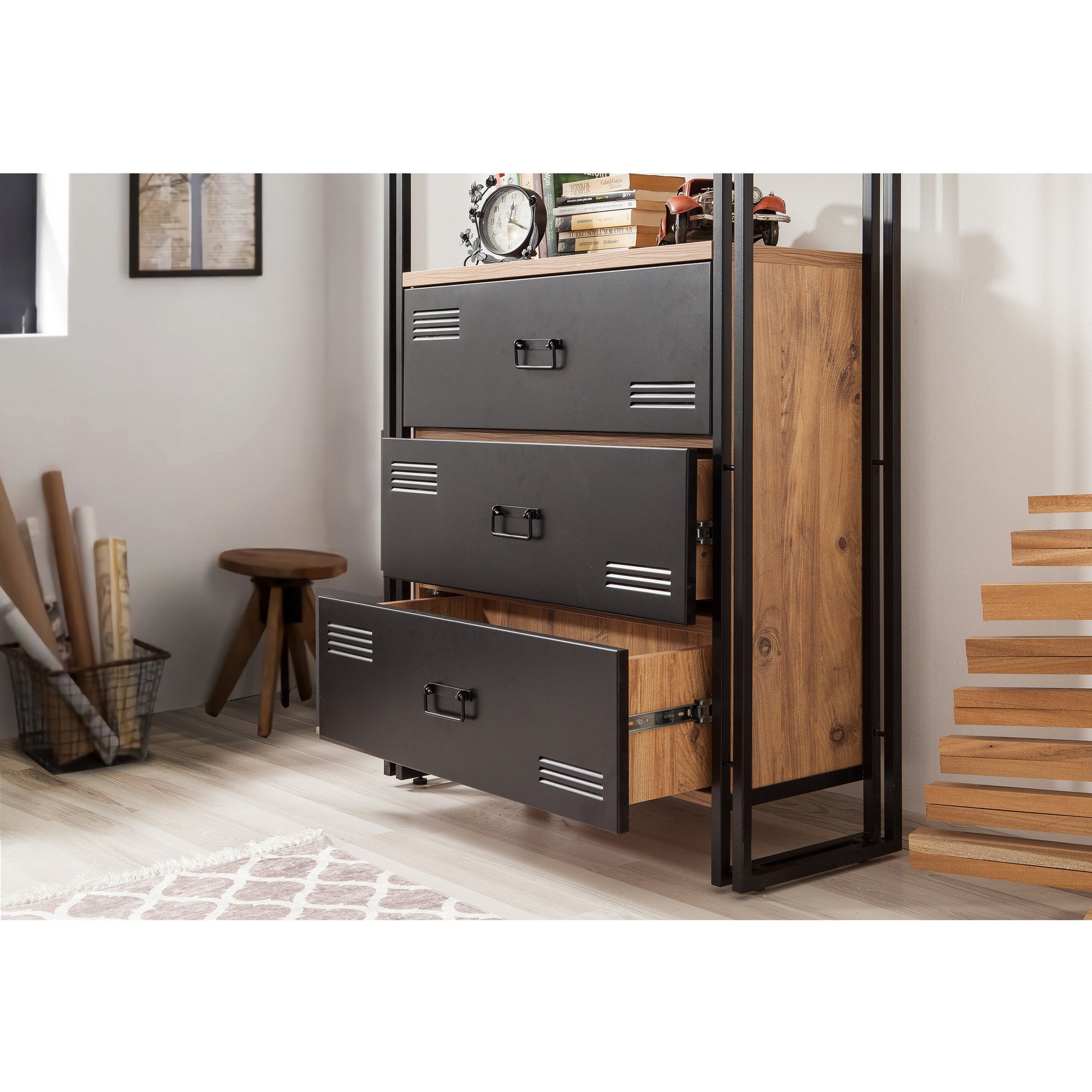 Estante Industrial – 90x180x35 cm – Preto e Pinho Atlântico – Melamina