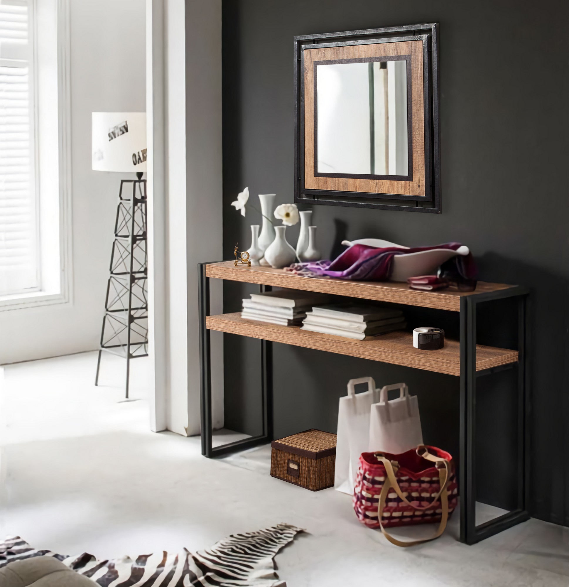 Aparador elegante com estrutura de metal, pinho atlântico e preto, 140 x 80 x 35 cm | 100% revestido em melamina, 45 mm de espessura | Montável na parede, design industrial, amplo espaço de armazenamento