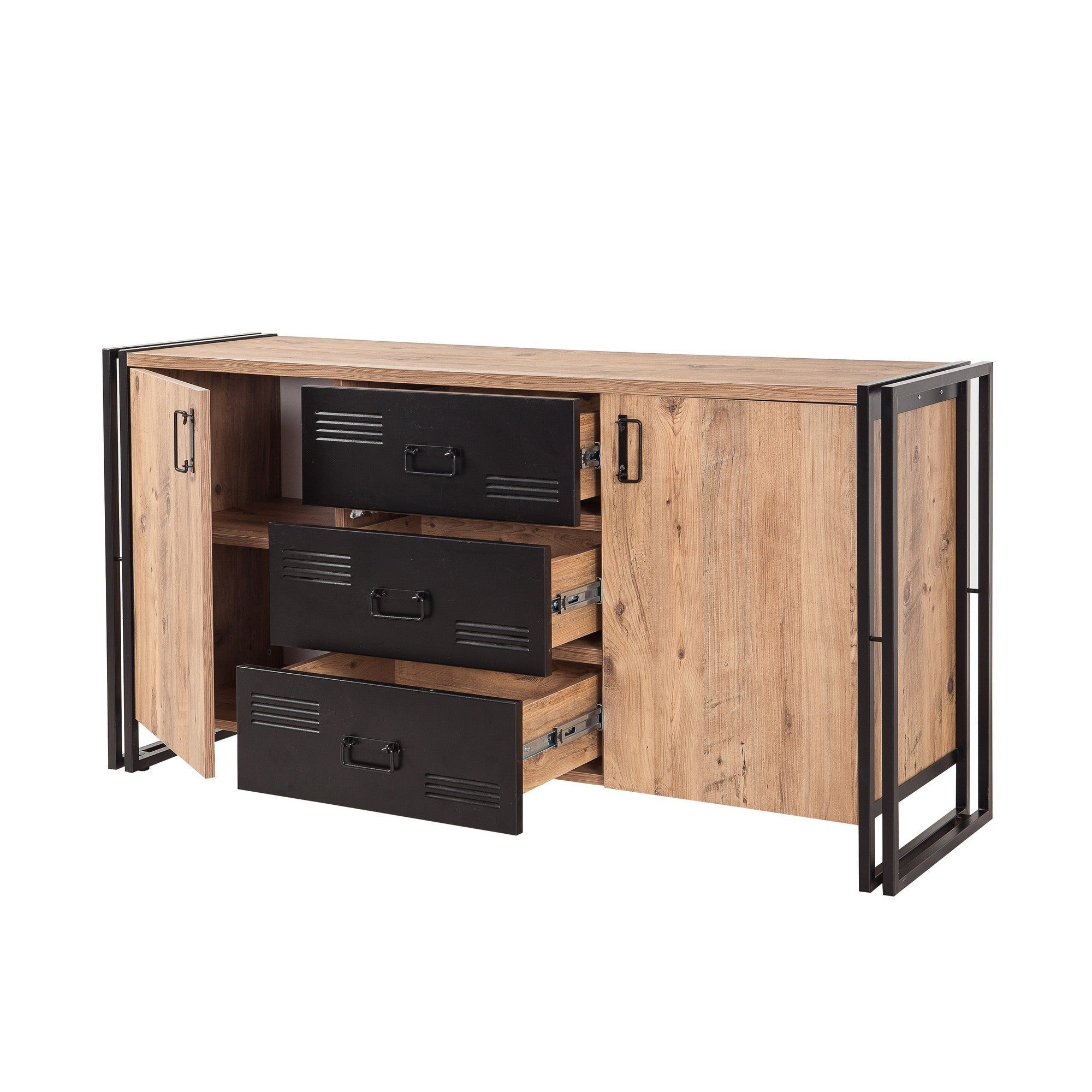 Aparador Industrial – 160 x 80 x 45 cm – Pinho Atlântico e Preto – Melamina e Metal