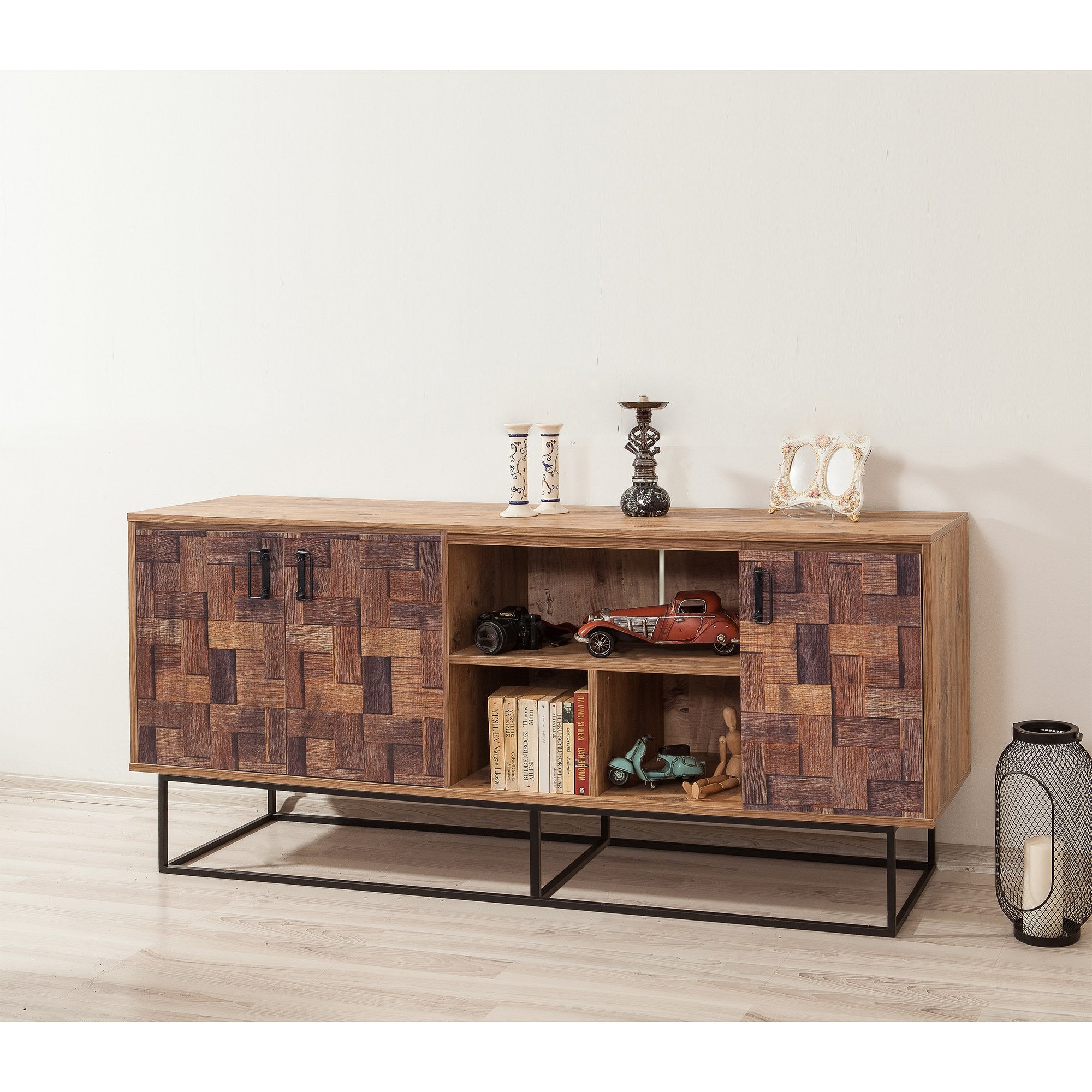 Aparador Moderno – 180 x 80 x 40 cm – Pinho Atlântico e Preto – Metal e Melamina