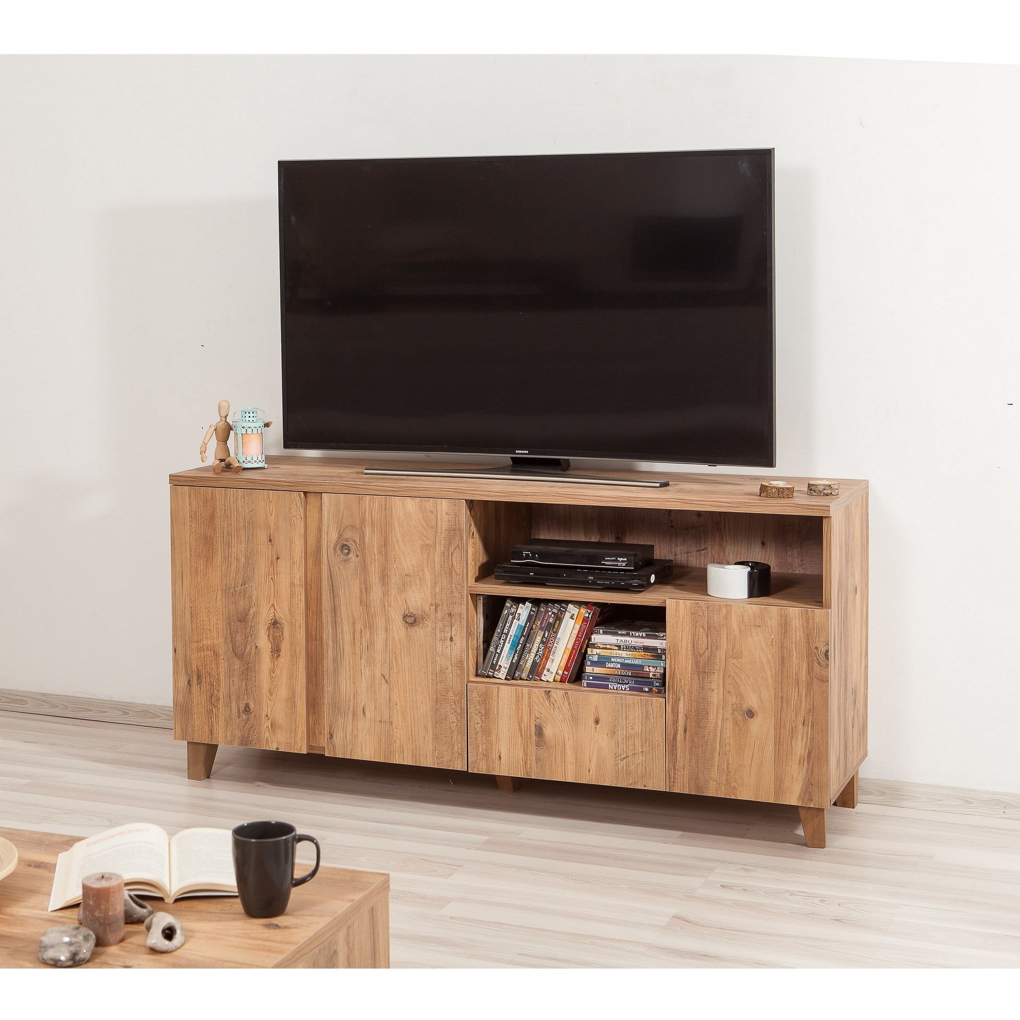 Suporte de TV moderno com acabamento em pinho atlântico, 160 cm de largura | 100% revestido em melamina, 18 mm de espessura, pés de madeira, gavetas telescópicas, montável na parede, armazenamento elegante