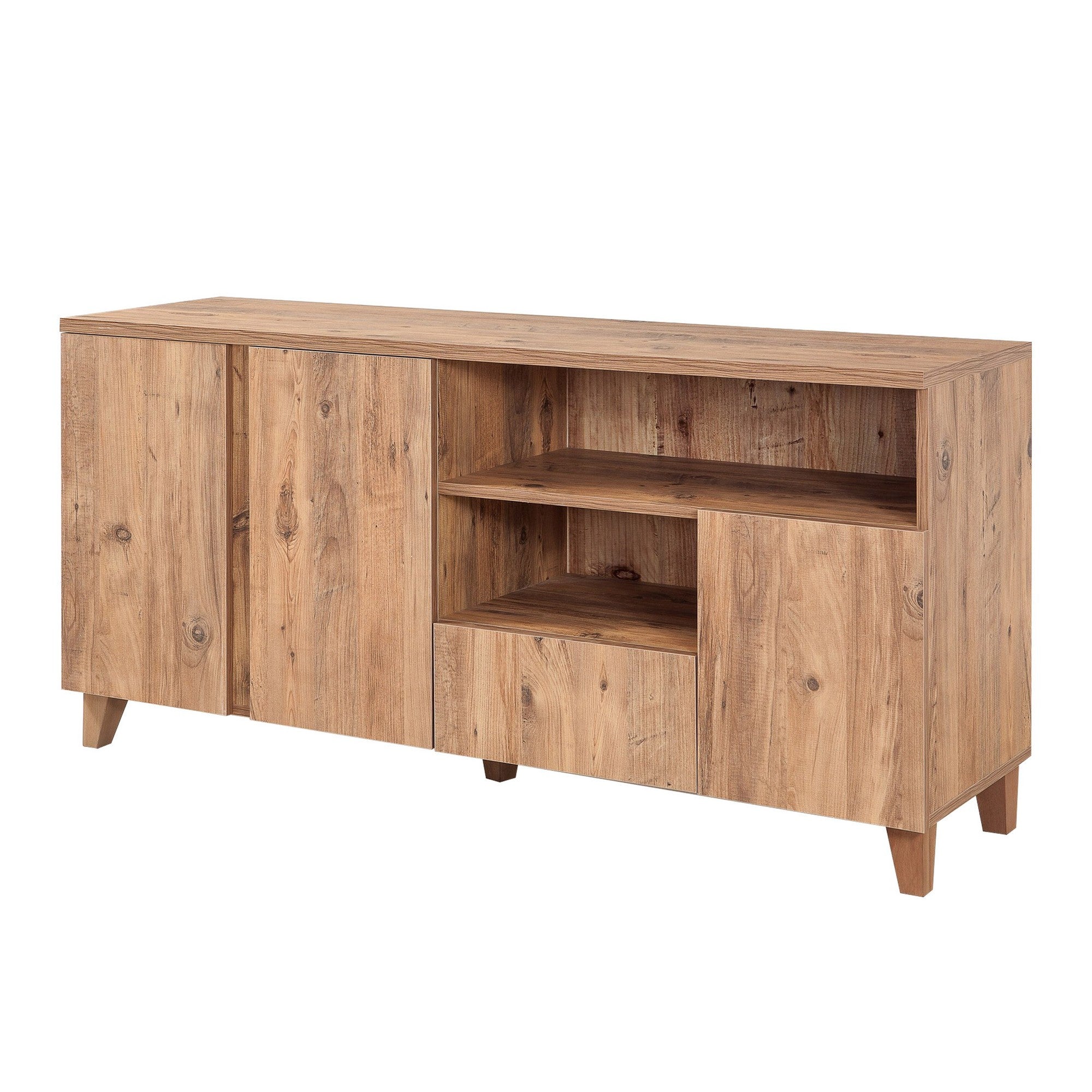 Suporte de TV moderno com acabamento em pinho atlântico, 160 cm de largura | 100% revestido em melamina, 18 mm de espessura, pés de madeira, gavetas telescópicas, montável na parede, armazenamento elegante