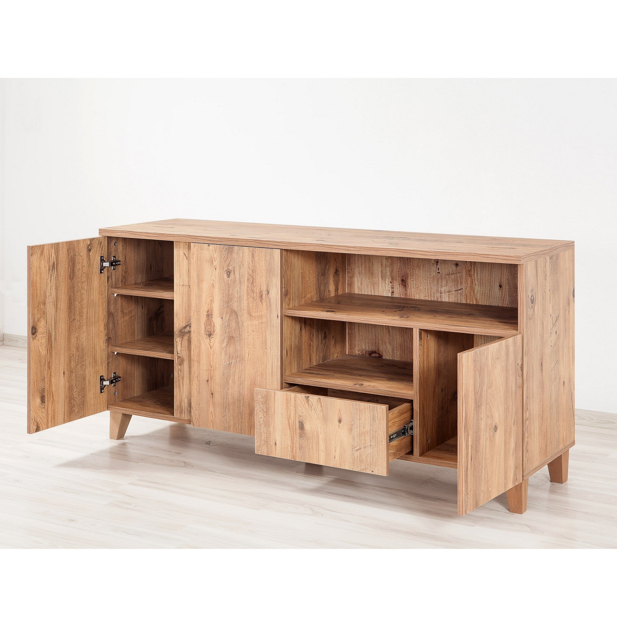 Suporte de TV moderno com acabamento em pinho atlântico, 160 cm de largura | 100% revestido em melamina, 18 mm de espessura, pés de madeira, gavetas telescópicas, montável na parede, armazenamento elegante
