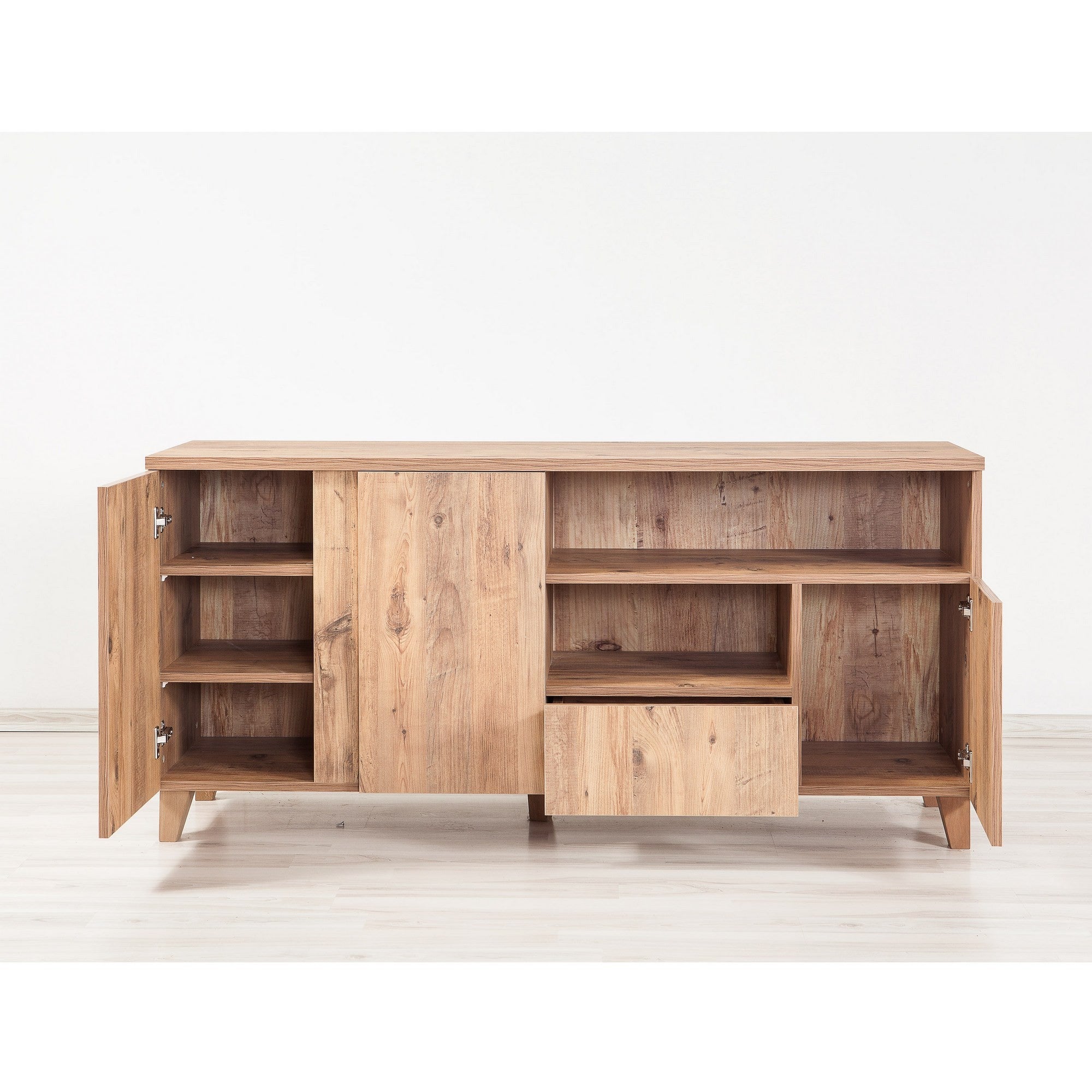 Suporte de TV moderno com acabamento em pinho atlântico, 160 cm de largura | 100% revestido em melamina, 18 mm de espessura, pés de madeira, gavetas telescópicas, montável na parede, armazenamento elegante