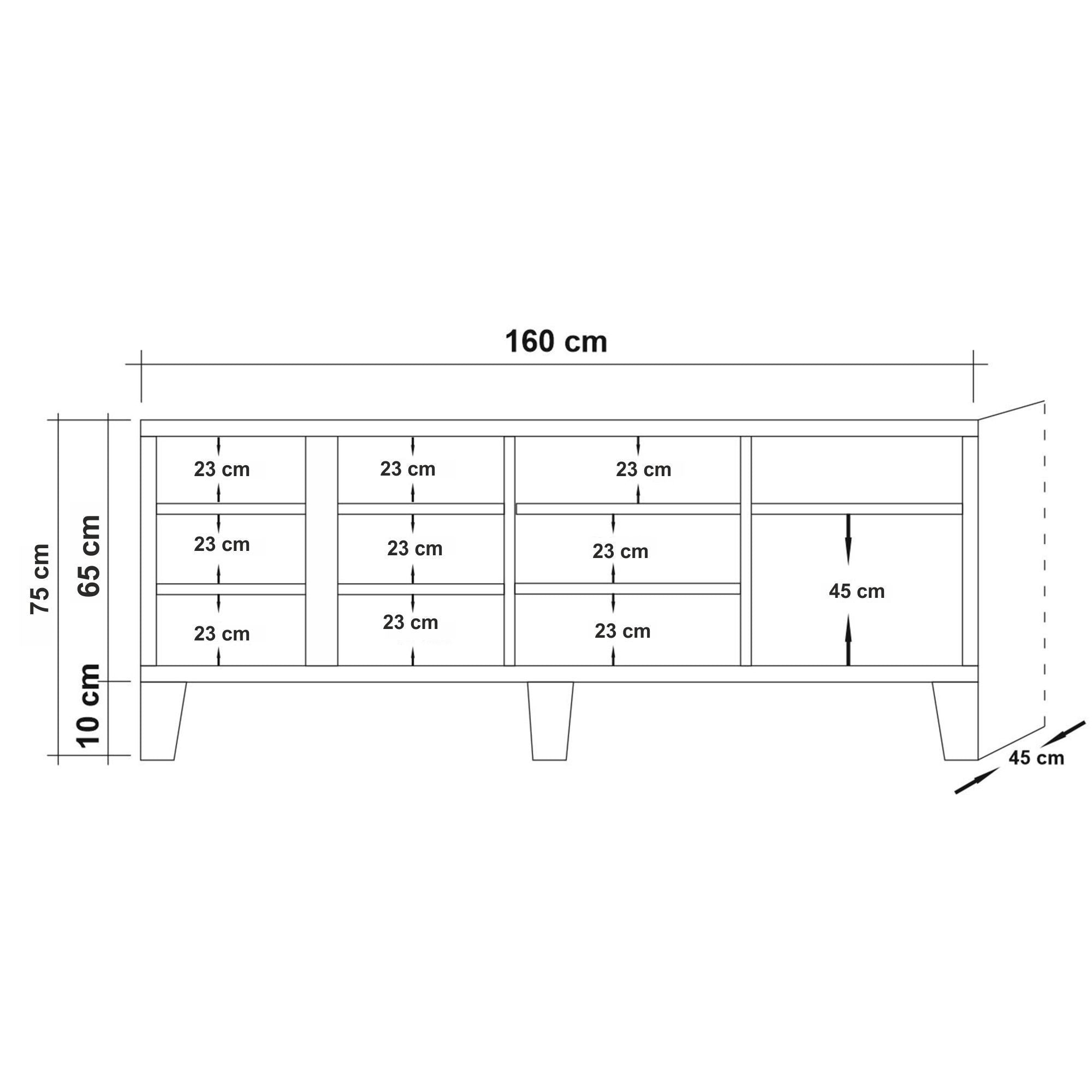 Suporte de TV moderno com acabamento em pinho atlântico, 160 cm de largura | 100% revestido em melamina, 18 mm de espessura, pés de madeira, gavetas telescópicas, montável na parede, armazenamento elegante