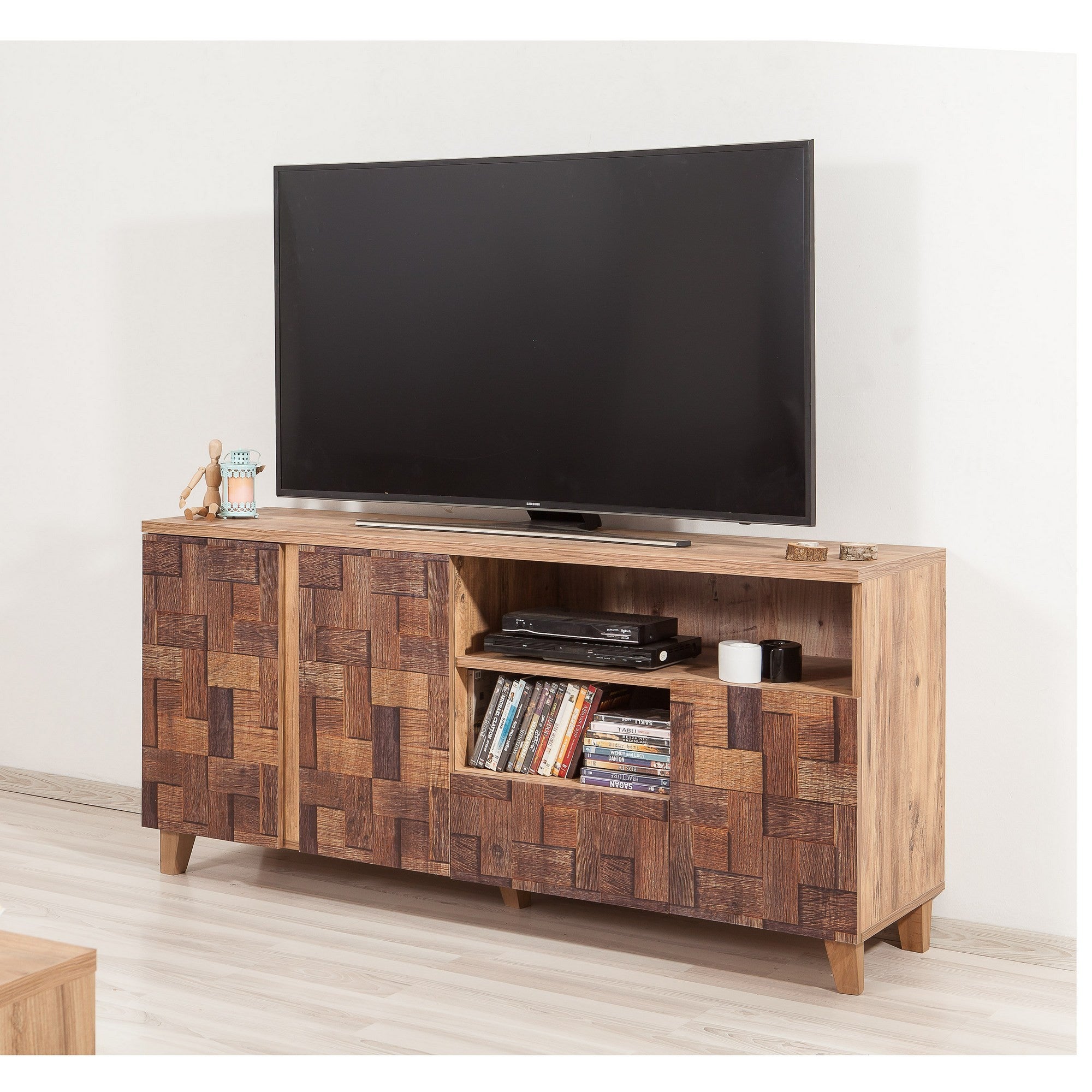Suporte de TV moderno com acabamento em pinho atlântico, 160 cm | 100% revestido em melamina, 18 mm de espessura, pés de madeira, gavetas telescópicas, montável na parede, elegante e funcional