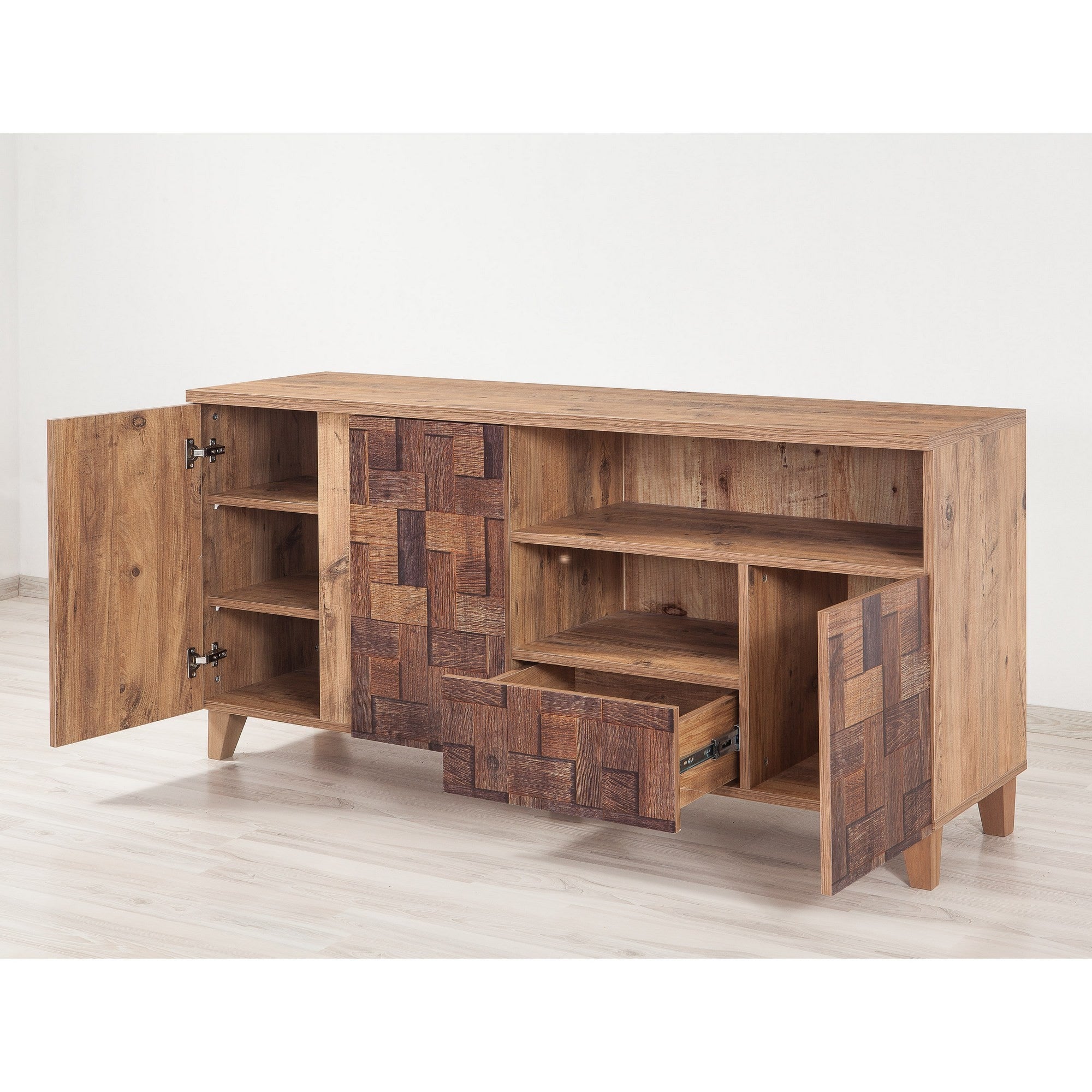 Suporte de TV moderno com acabamento em pinho atlântico, 160 cm | 100% revestido em melamina, 18 mm de espessura, pés de madeira, gavetas telescópicas, montável na parede, elegante e funcional