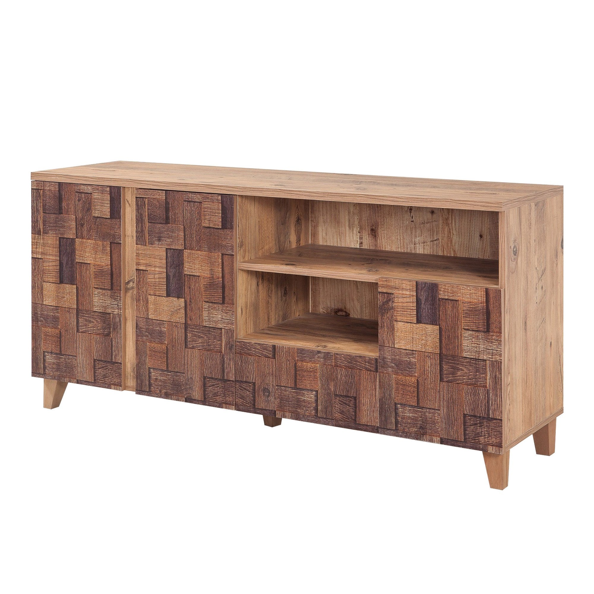 Suporte de TV moderno com acabamento em pinho atlântico, 160 cm | 100% revestido em melamina, 18 mm de espessura, pés de madeira, gavetas telescópicas, montável na parede, elegante e funcional