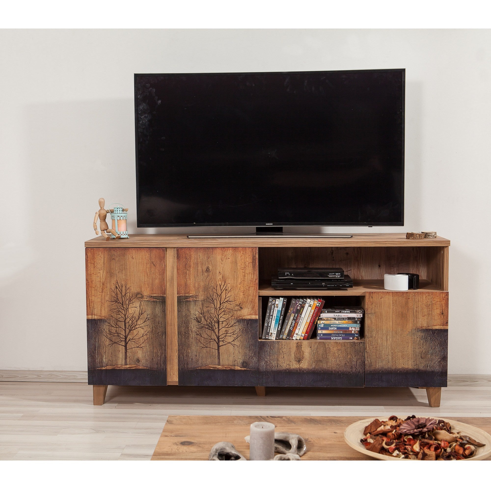 Suporte de TV moderno, pinho atlântico, 160 x 76 x 45 cm | 100% revestido em melamina, revestimento UV, corrediças telescópicas para gavetas | Elegante e funcional com opção de montagem na parede