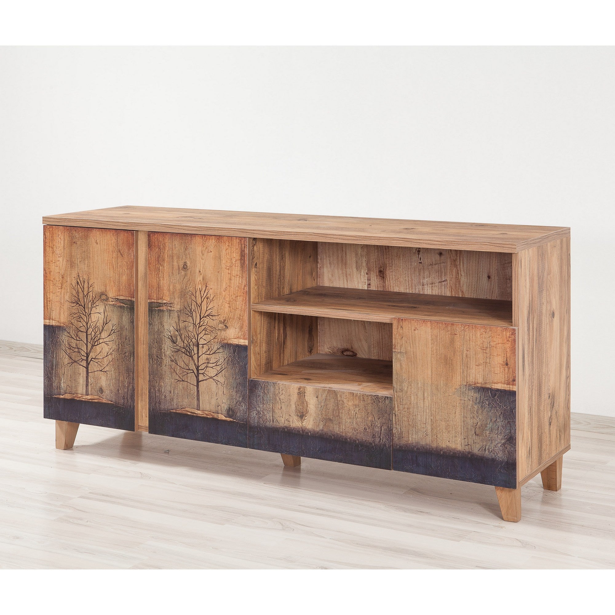 Suporte de TV moderno, pinho atlântico, 160 x 76 x 45 cm | 100% revestido em melamina, revestimento UV, corrediças telescópicas para gavetas | Elegante e funcional com opção de montagem na parede