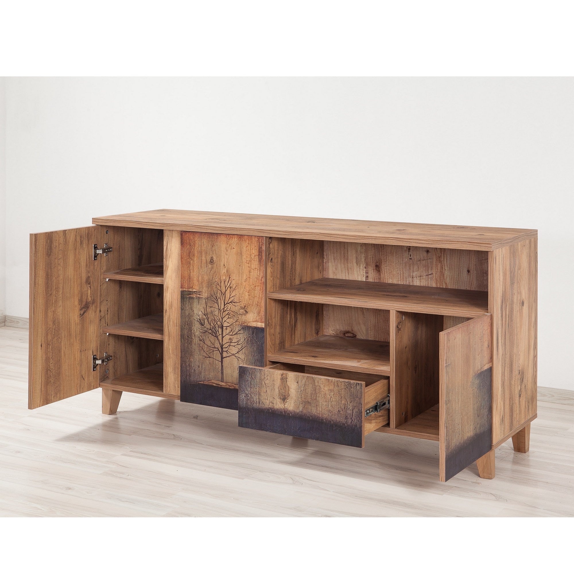 Suporte de TV moderno, pinho atlântico, 160 x 76 x 45 cm | 100% revestido em melamina, revestimento UV, corrediças telescópicas para gavetas | Elegante e funcional com opção de montagem na parede