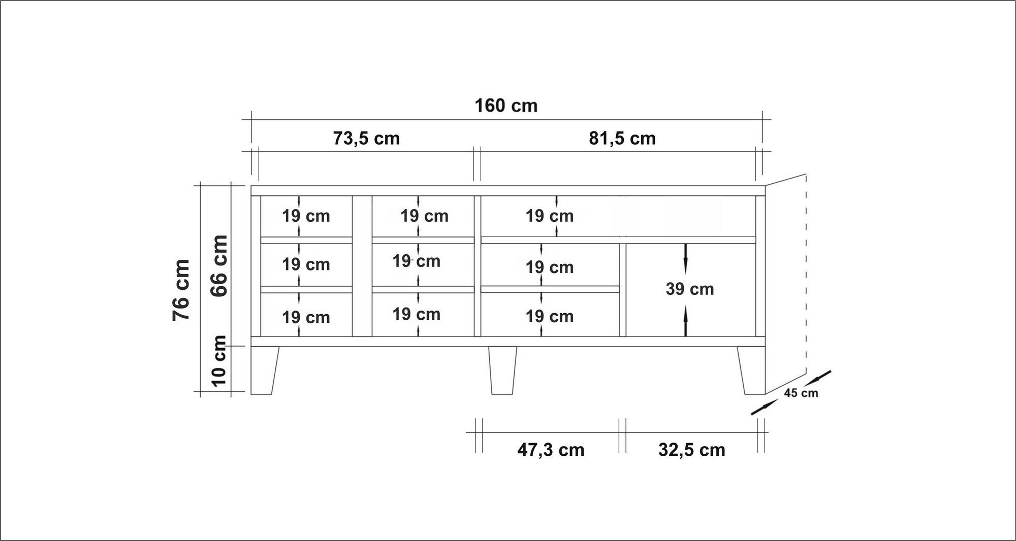 Suporte de TV moderno, pinho atlântico, 160 x 76 x 45 cm | 100% revestido em melamina, revestimento UV, corrediças telescópicas para gavetas | Elegante e funcional com opção de montagem na parede