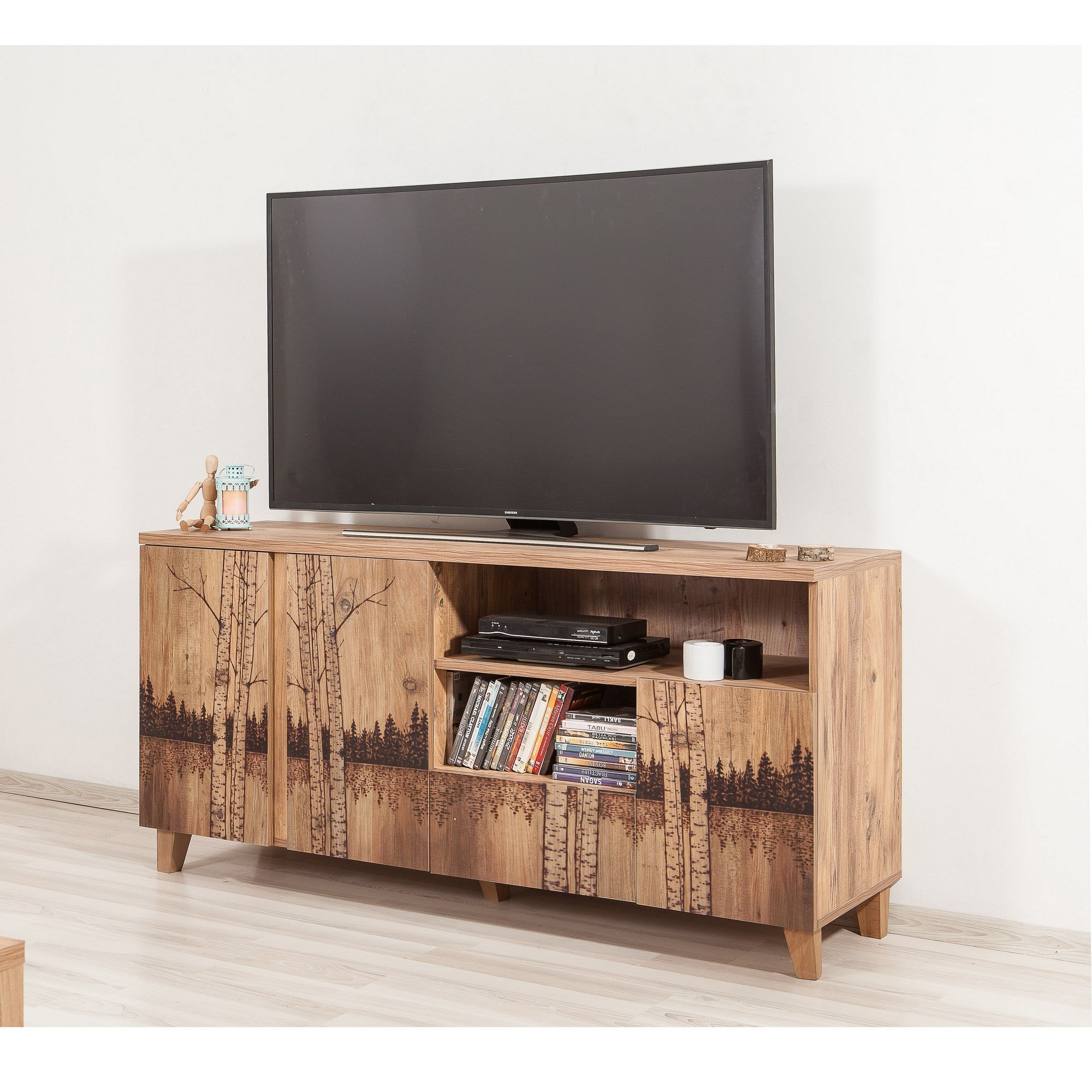 Suporte de TV moderno com acabamento em pinho atlântico, 160 cm | 100% revestido em melamina, pernas de madeira, revestimento UV, gavetas telescópicas | Solução de armazenamento elegante e funcional