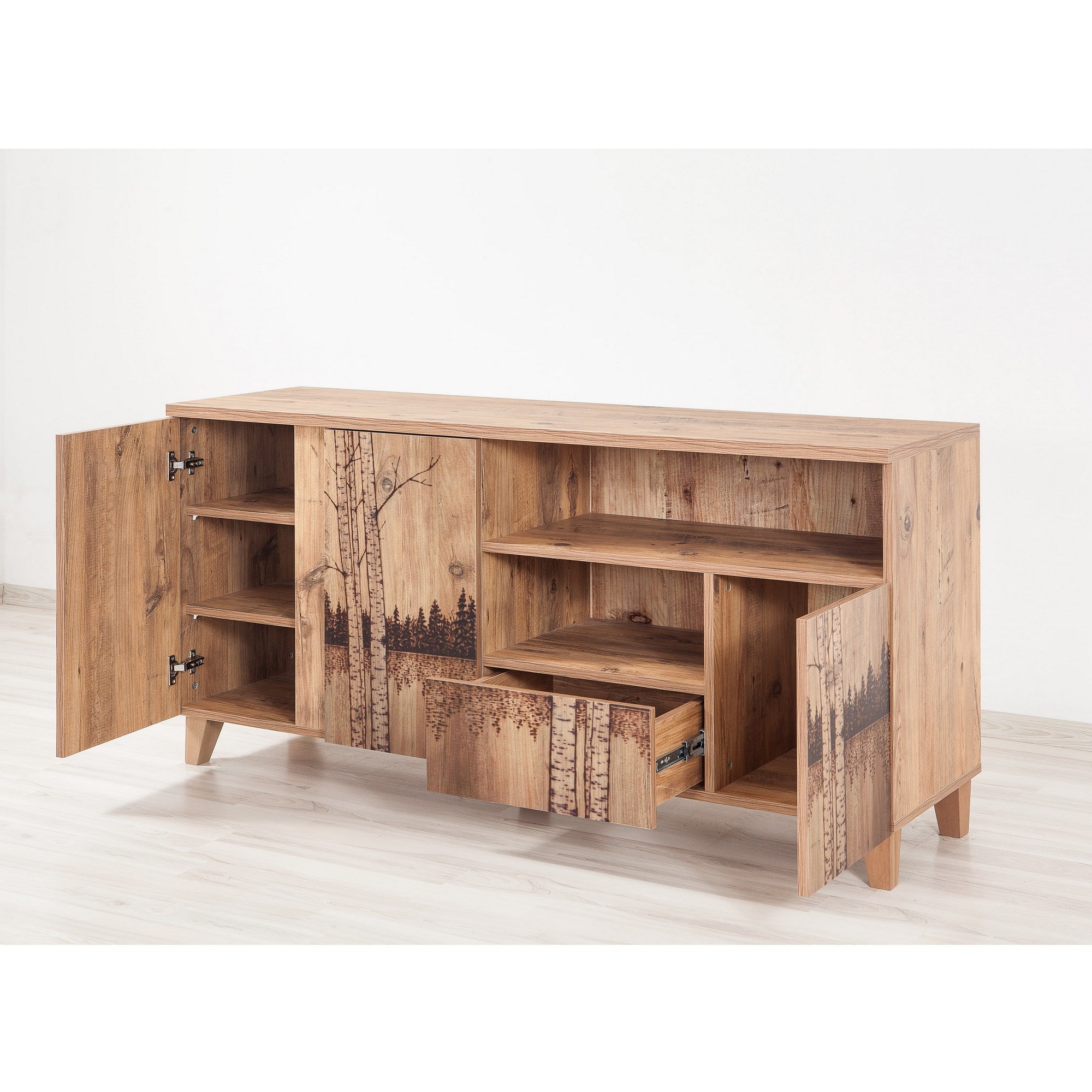 Suporte de TV moderno com acabamento em pinho atlântico, 160 cm | 100% revestido em melamina, pernas de madeira, revestimento UV, gavetas telescópicas | Solução de armazenamento elegante e funcional