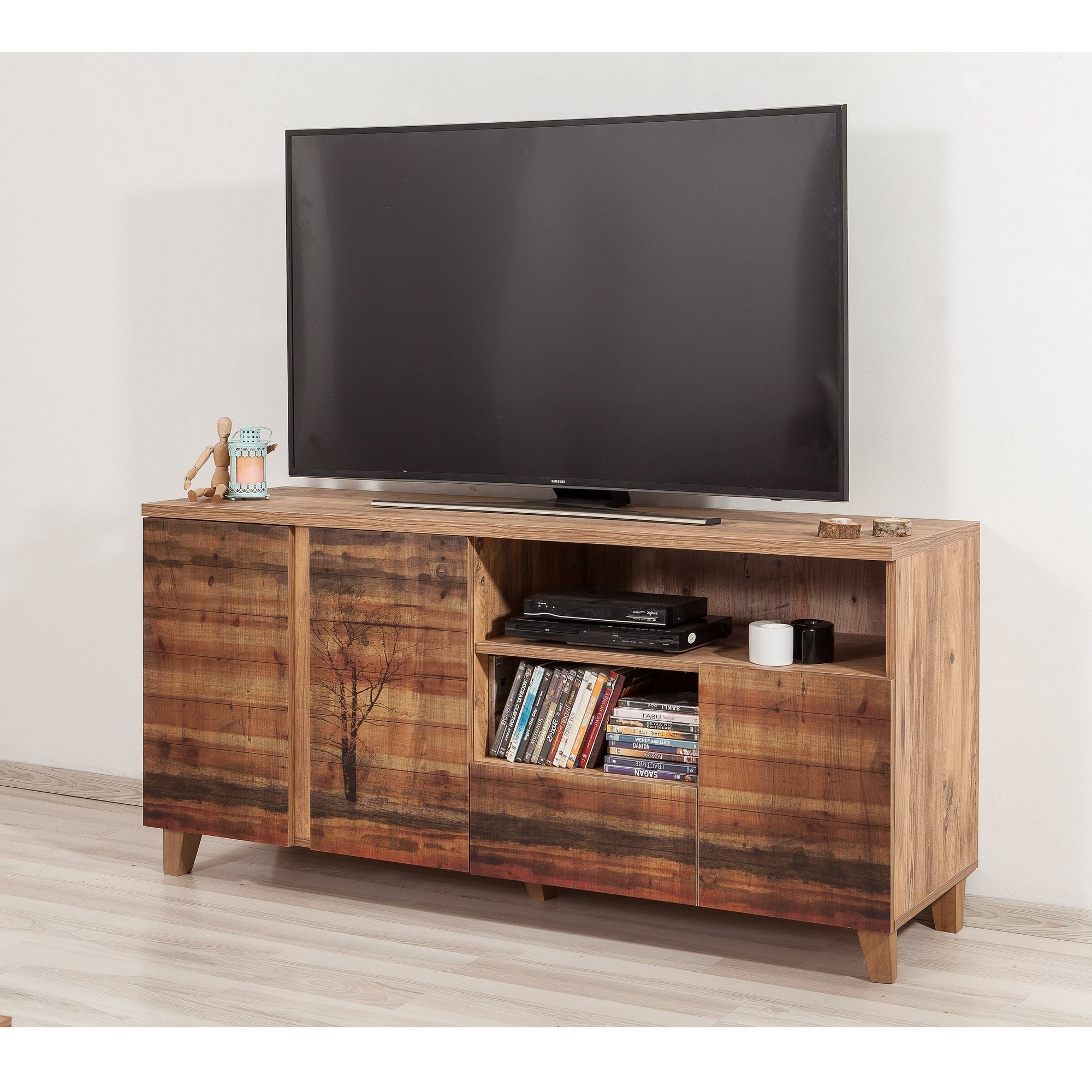 Suporte de TV moderno com acabamento em pinho atlântico, 160 cm | 100% revestido em melamina, pernas de madeira, revestimento UV, gavetas telescópicas | Solução de armazenamento elegante e funcional