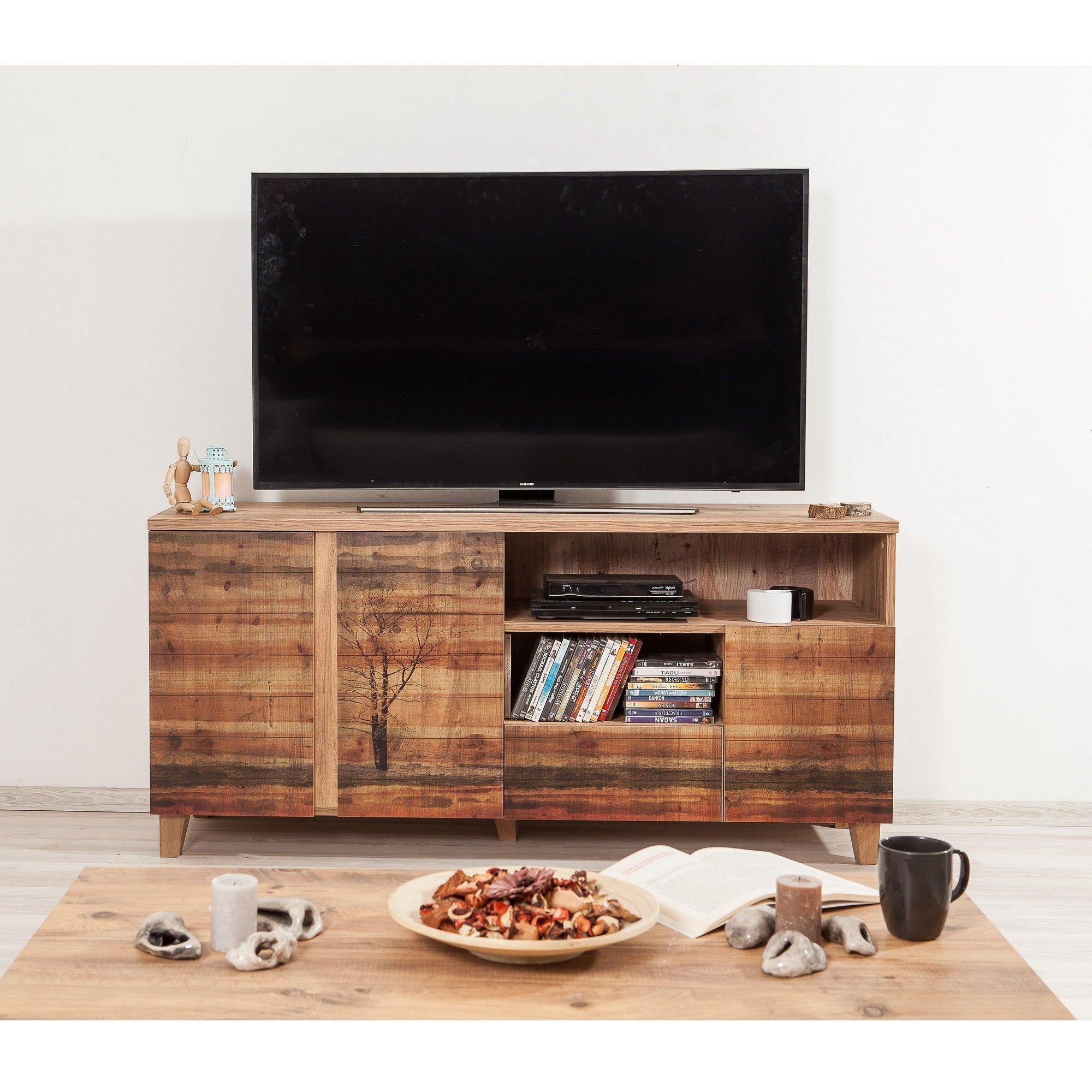 Suporte de TV moderno com acabamento em pinho atlântico, 160 cm | 100% revestido em melamina, pernas de madeira, revestimento UV, gavetas telescópicas | Solução de armazenamento elegante e funcional