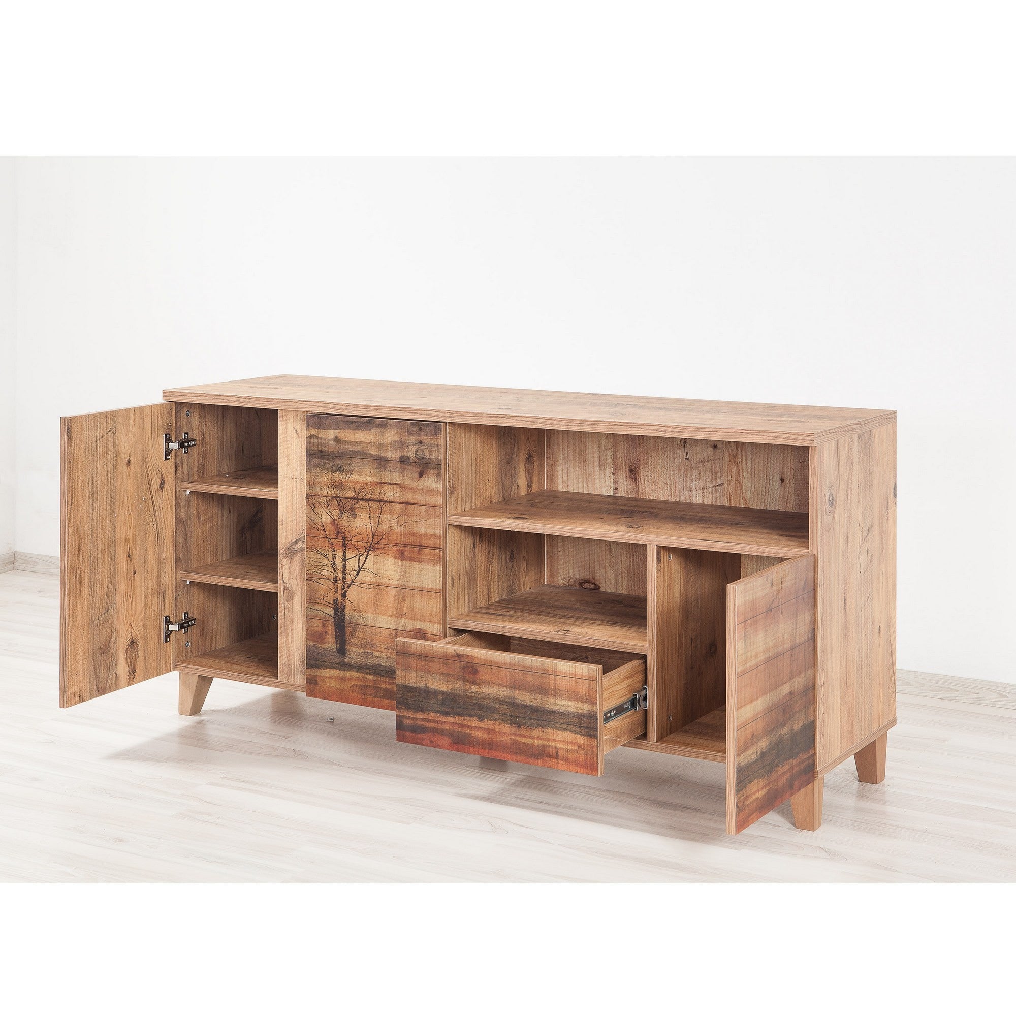 Suporte de TV moderno com acabamento em pinho atlântico, 160 cm | 100% revestido em melamina, pernas de madeira, revestimento UV, gavetas telescópicas | Solução de armazenamento elegante e funcional