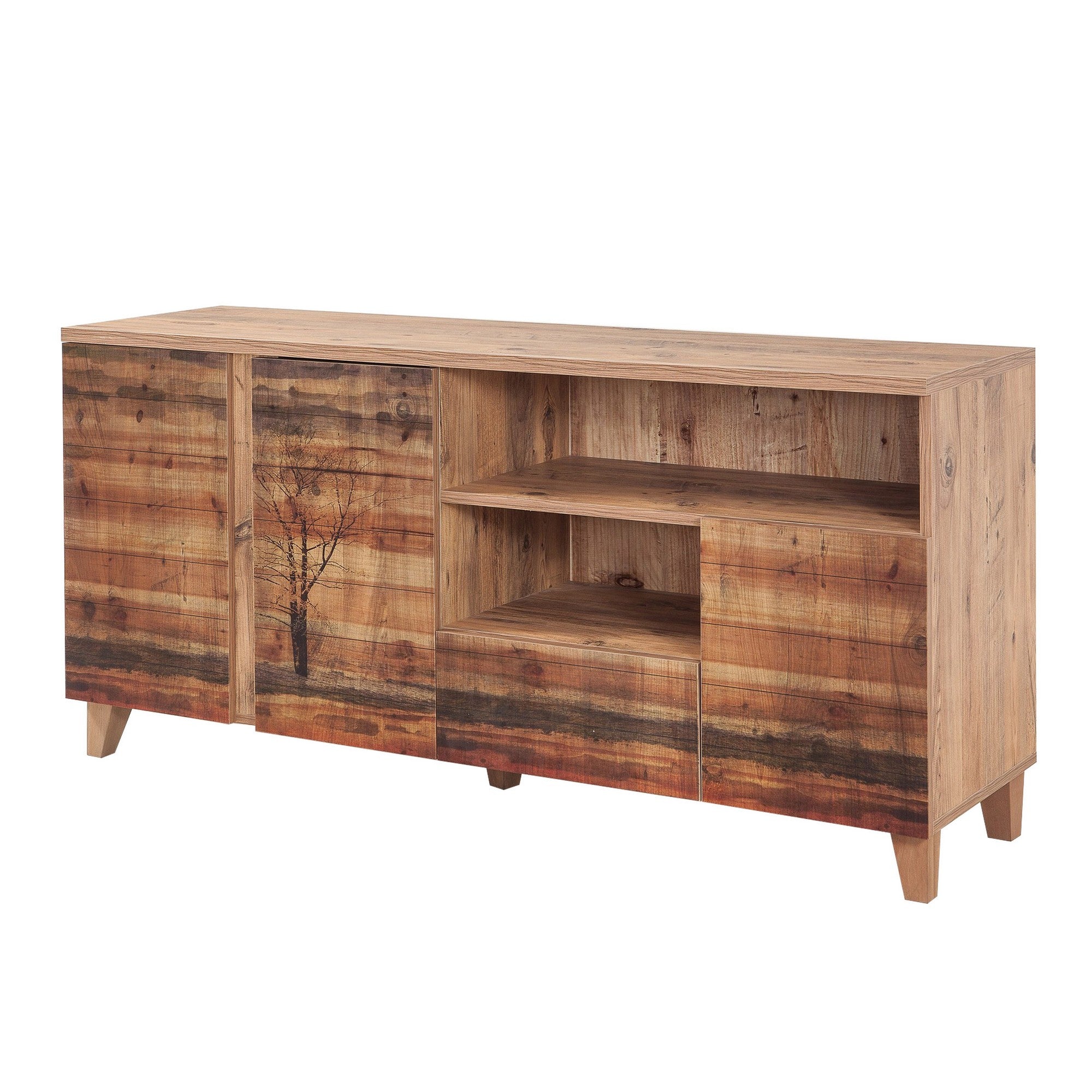 Suporte de TV moderno com acabamento em pinho atlântico, 160 cm | 100% revestido em melamina, pernas de madeira, revestimento UV, gavetas telescópicas | Solução de armazenamento elegante e funcional
