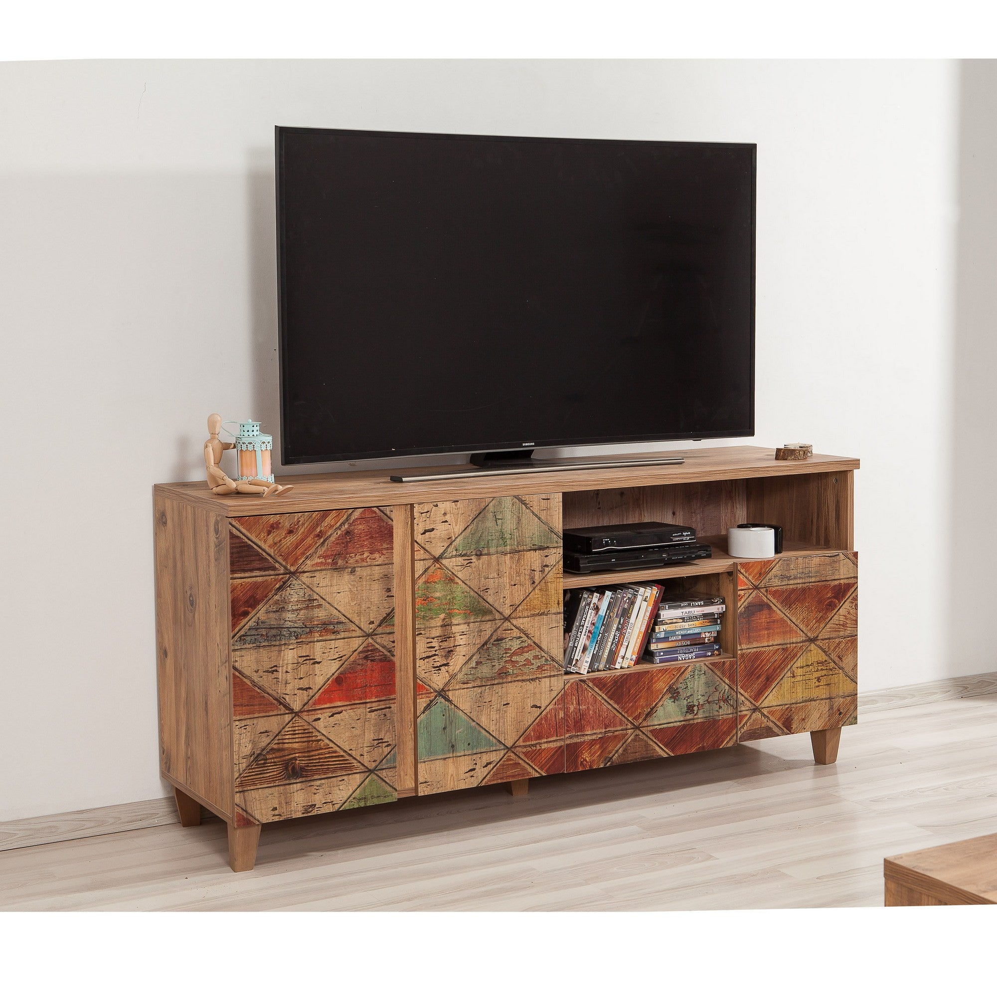 Suporte de TV moderno com acabamento em pinho atlântico, 160 cm | 100% revestido em melamina, revestimento UV, corrediças telescópicas para gavetas, montagem na parede, design elegante e funcional
