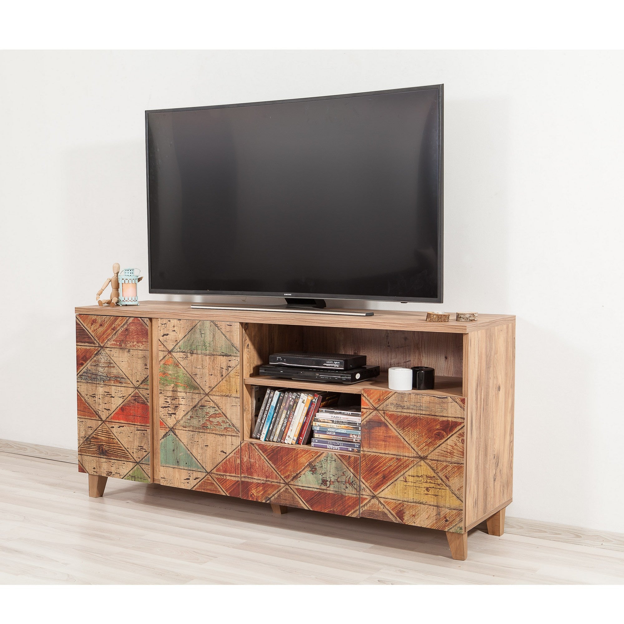 Suporte de TV moderno com acabamento em pinho atlântico, 160 cm | 100% revestido em melamina, revestimento UV, corrediças telescópicas para gavetas, montagem na parede, design elegante e funcional