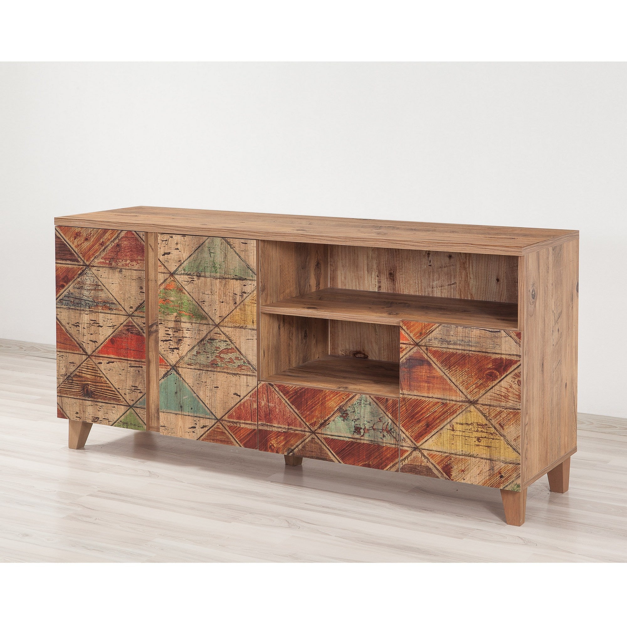 Suporte de TV moderno com acabamento em pinho atlântico, 160 cm | 100% revestido em melamina, revestimento UV, corrediças telescópicas para gavetas, montagem na parede, design elegante e funcional